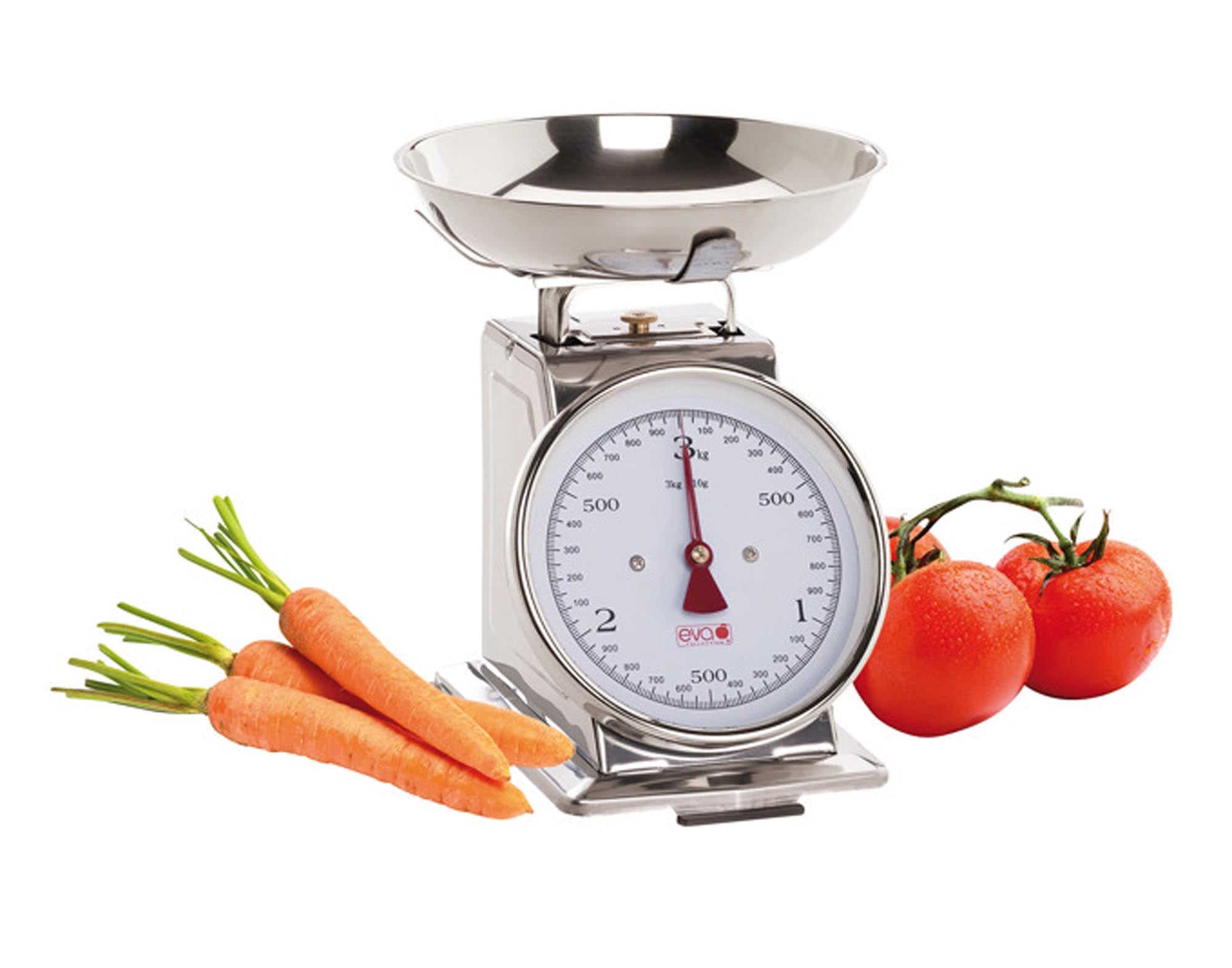 Mechanische Küchenwaage von EVA COLLECTION mit Edelstahl-Schale, 3 kg Kapazität, ideal für präzises Abwiegen in der Küche.