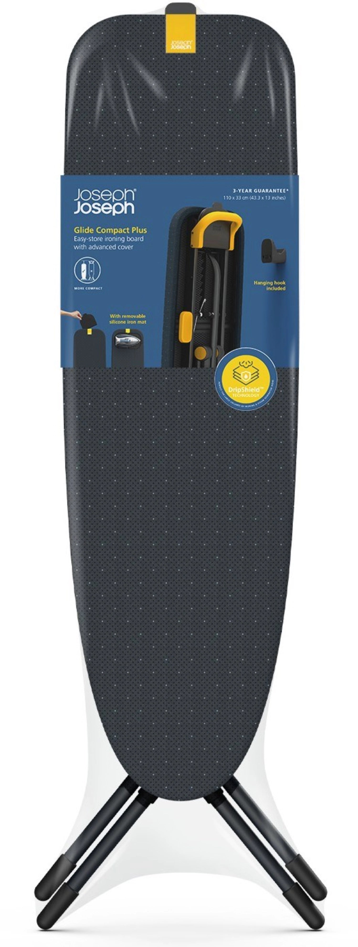 Stylisches Glide Compact Plus Bügelbrett in Schwarz und Blau, ideal für effizientes Bügeln und platzsparende Aufbewahrung in jedem Zuhause.