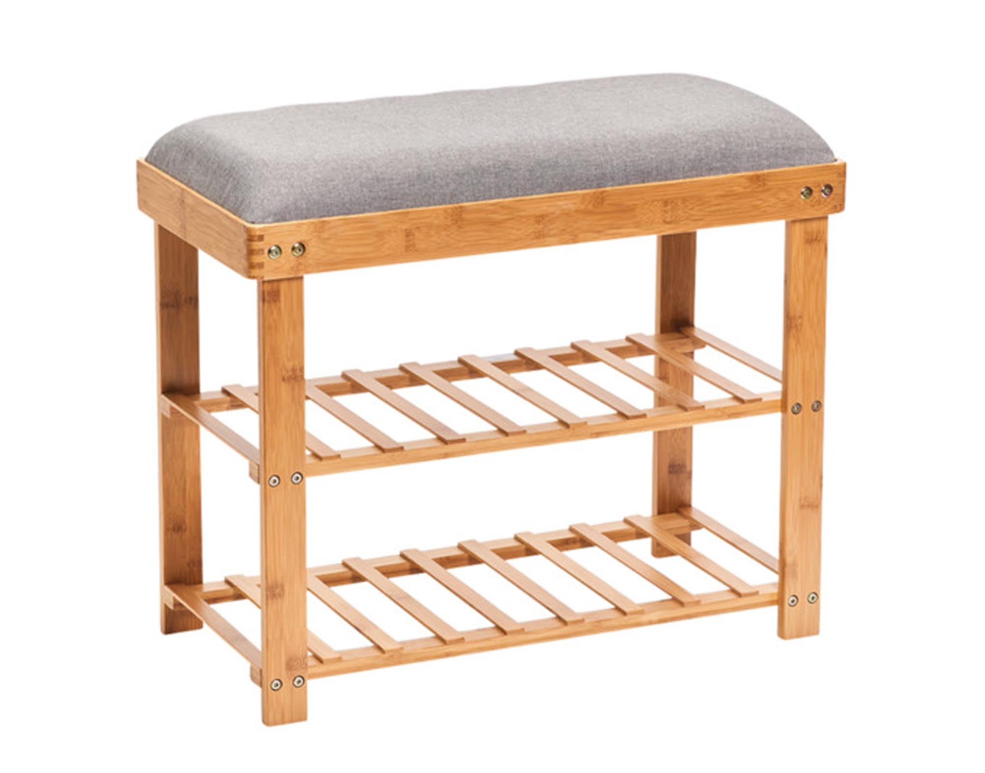 ZELLER Schuhbank aus grauem Polyester mit 2 Ablagen aus Bambus, ideal für den Eingangsbereich, Maße: 60x29x50 cm.