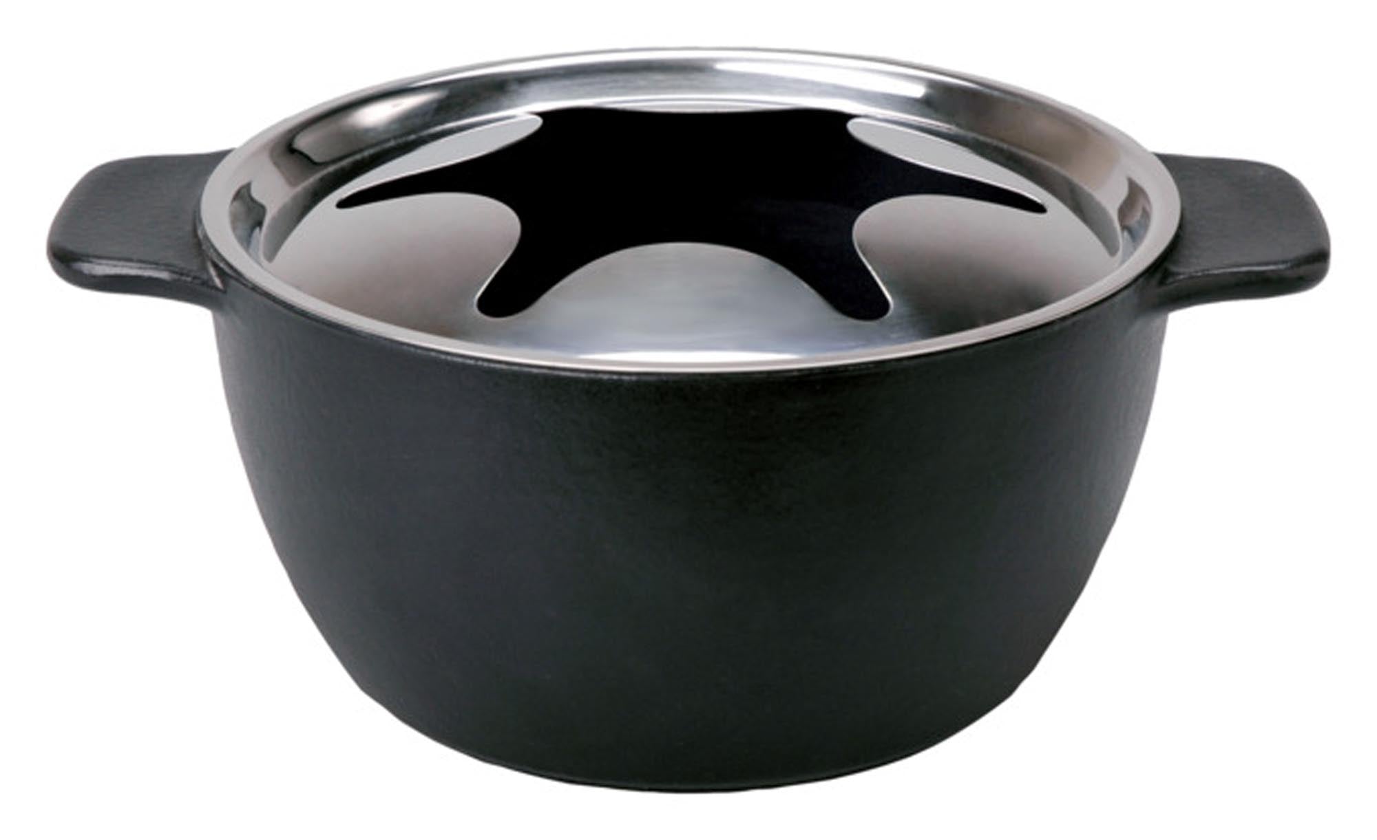 Schwarzes KISAG Fonduecaquelon aus Gusseisen, Ø 18 cm, ideal für gemütliche Fondueabende mit Freunden und Familie, robust und langlebig.