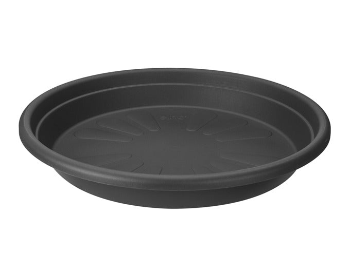 Runder anthrazitfarbener Untersetzer von ELHO mit 25 cm Durchmesser, ideal für Blumentöpfe, schützt Oberflächen und ermöglicht effiziente Wasserableitung.