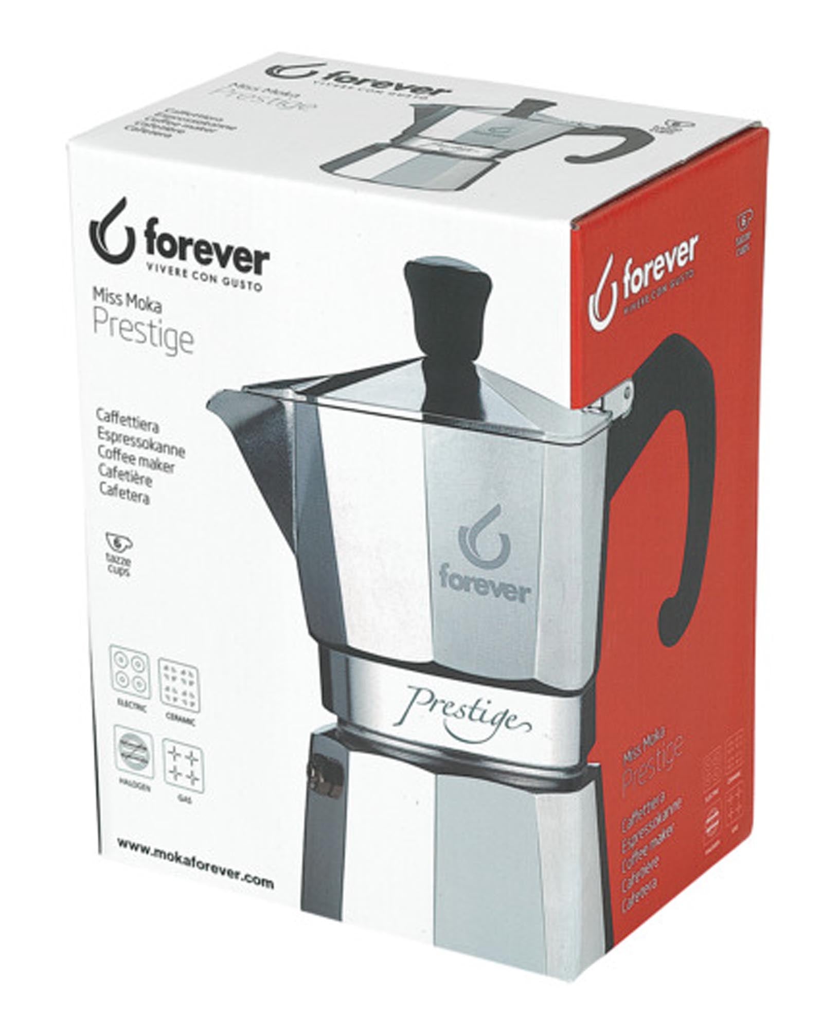 Entdecken Sie den FOREVER Moka Prestige Kaffeezubereiter für 6 Tassen – stilvolles Edelstahl-Design für aromatischen, italienischen Kaffeegenuss.