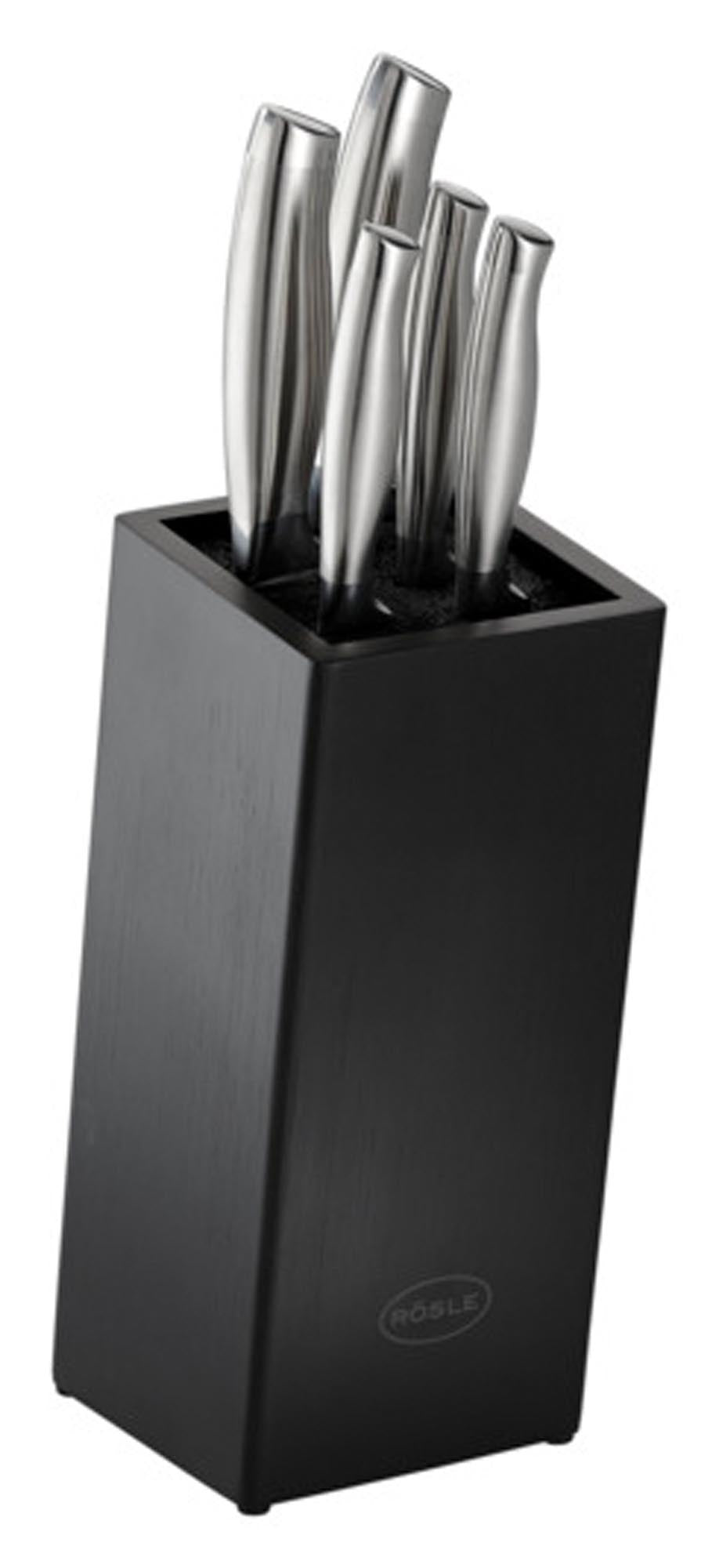 Entdecken Sie den RÖSLE Messerblock Basic Line mit 5 hochwertigen Messern aus rostfreiem Stahl. Stilvoller Buchenholzblock, ergonomische Griffe, ideal für jede moderne Küche.