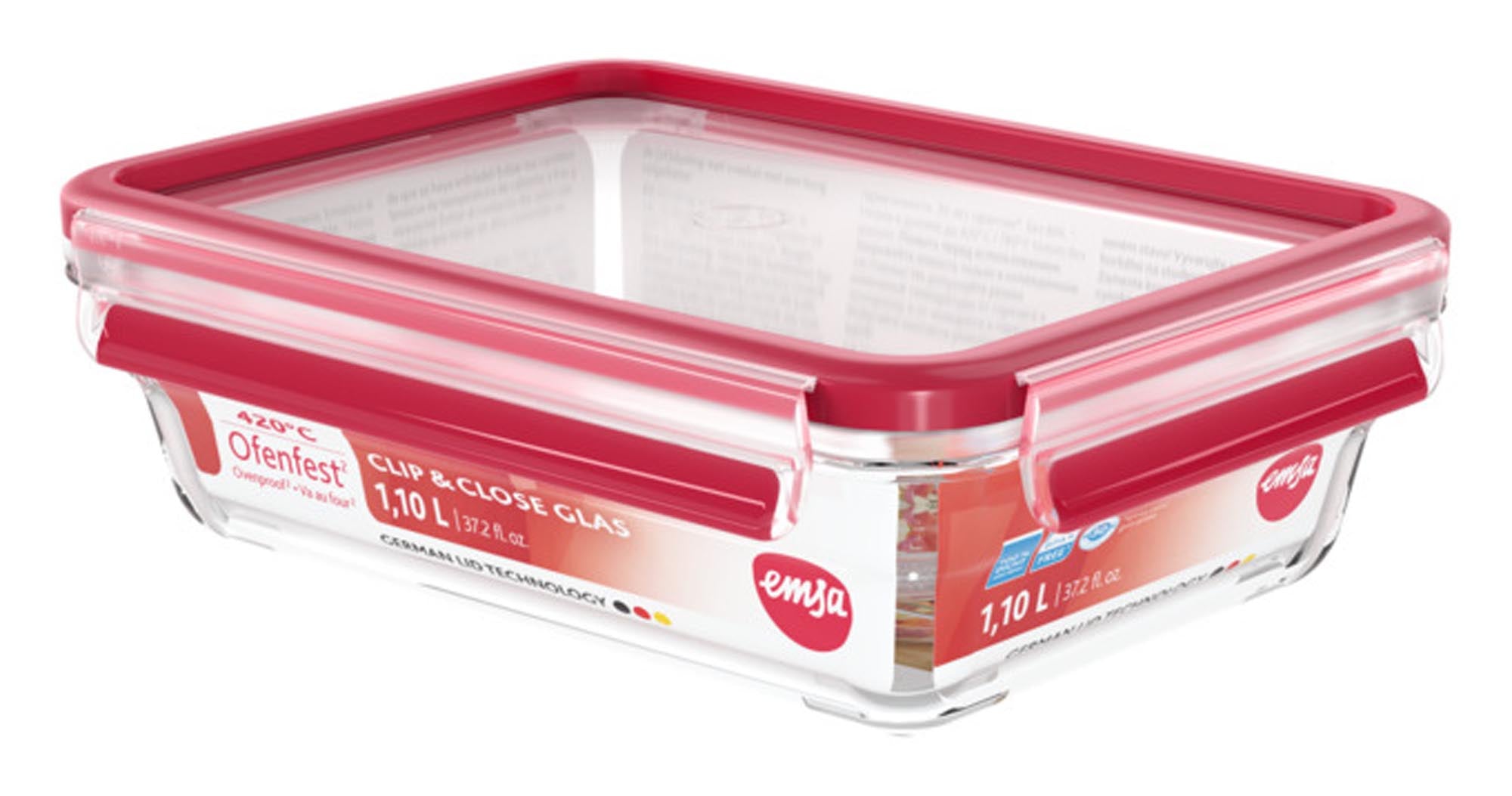 Rechteckige EMSA Frischhaltedose aus Glas mit Clipverschluss, 1.1l, ideal für die sichere Lagerung und Frischhaltung von Lebensmitteln.