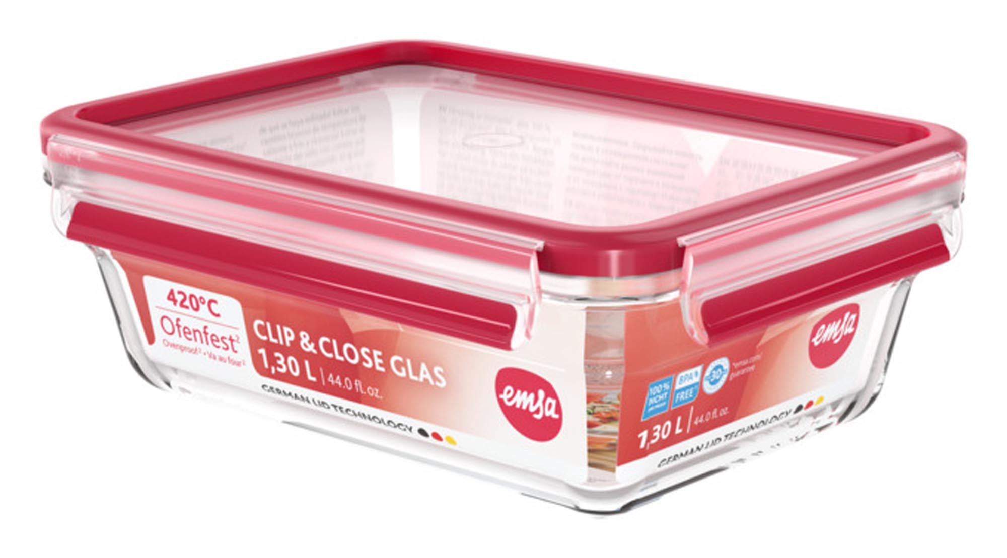 Praktische EMSA Frischhaltedose aus Glas mit Clipverschluss, 1.3l, ideal für die Aufbewahrung von Lebensmitteln, sicher und vielseitig einsetzbar.