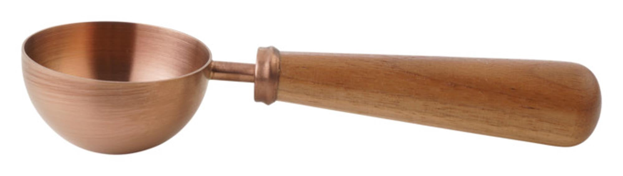 Eleganter FOREVER Kaffeedosierlöffel in Rosagold mit Walnuss-Griff, ideal für präzise 10 g Kaffeeportionen. Stilvolles Kochbesteck für Kaffeeliebhaber.