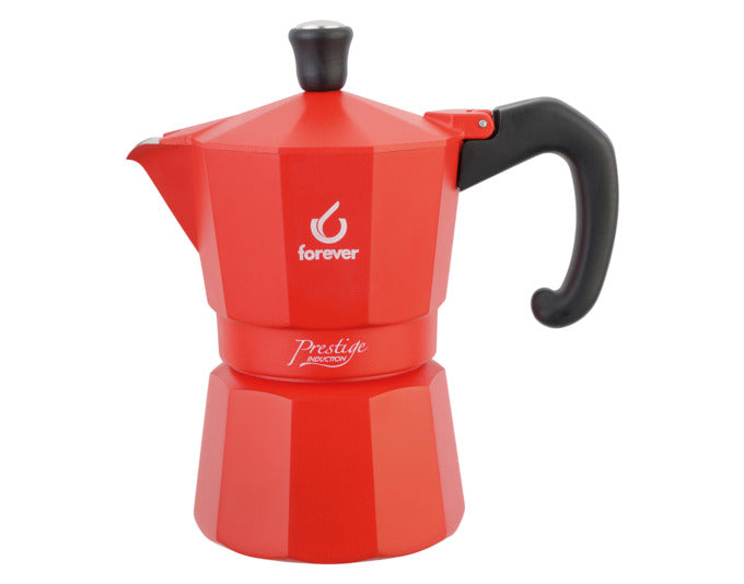 Stylischer, rot-matter Moka Prestige Induktion Kaffeezubereiter von FOREVER für 6 Tassen, perfekt für genussvolle Kaffeepausen.