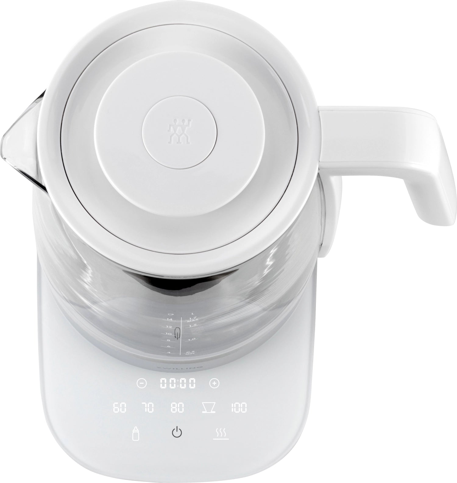 Moderner Wasserkocher aus klarem Glas mit weißem Design, 1,7 l Kapazität, ideal für die Zubereitung von heißen Getränken.