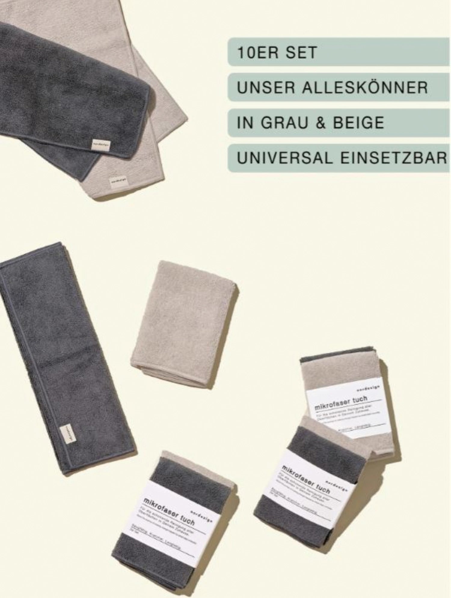 Praktisches 2er Set Mikrofaser Geschirrtücher in Grau und Beige von Nordesign, ideal für Küche und Haushalt, sorgt für streifenfreies Abtrocknen.