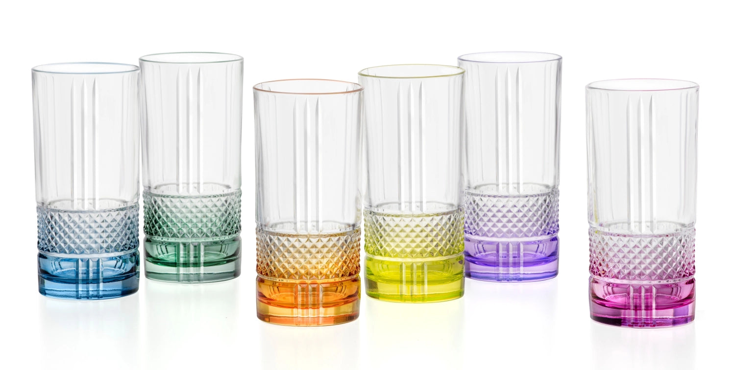 Farbenfrohes 6er Set Brillante Color Hb Becher von RCR, Ø7 H15 cm, 37cl, perfekt für stilvolle Getränke und festliche Anlässe.