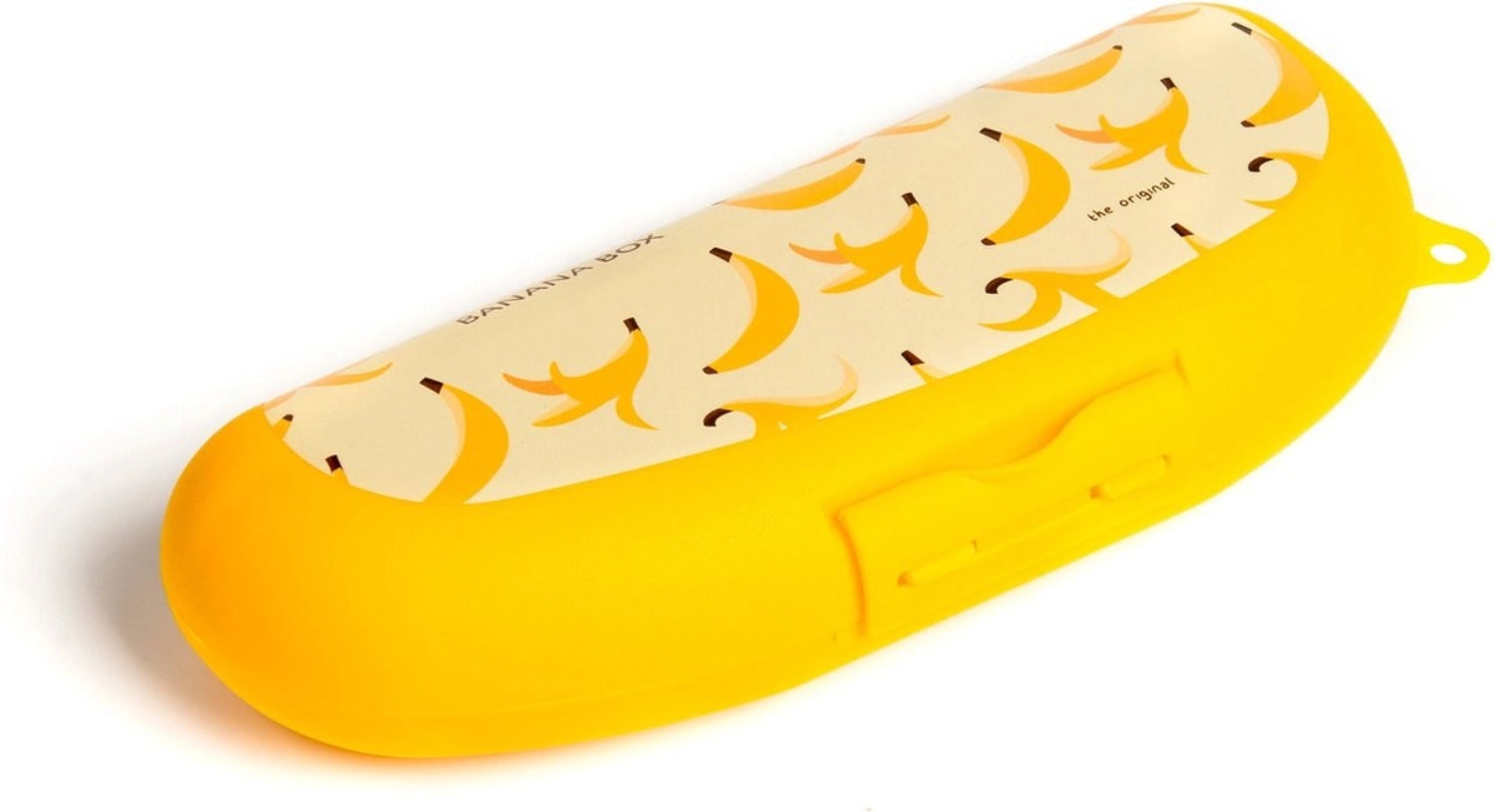 Bananenbox in leuchtendem Gelb, ideal für Lunchboxen. Praktische Größe 223x90x50 mm, perfekt für frische Snacks und Obst unterwegs.