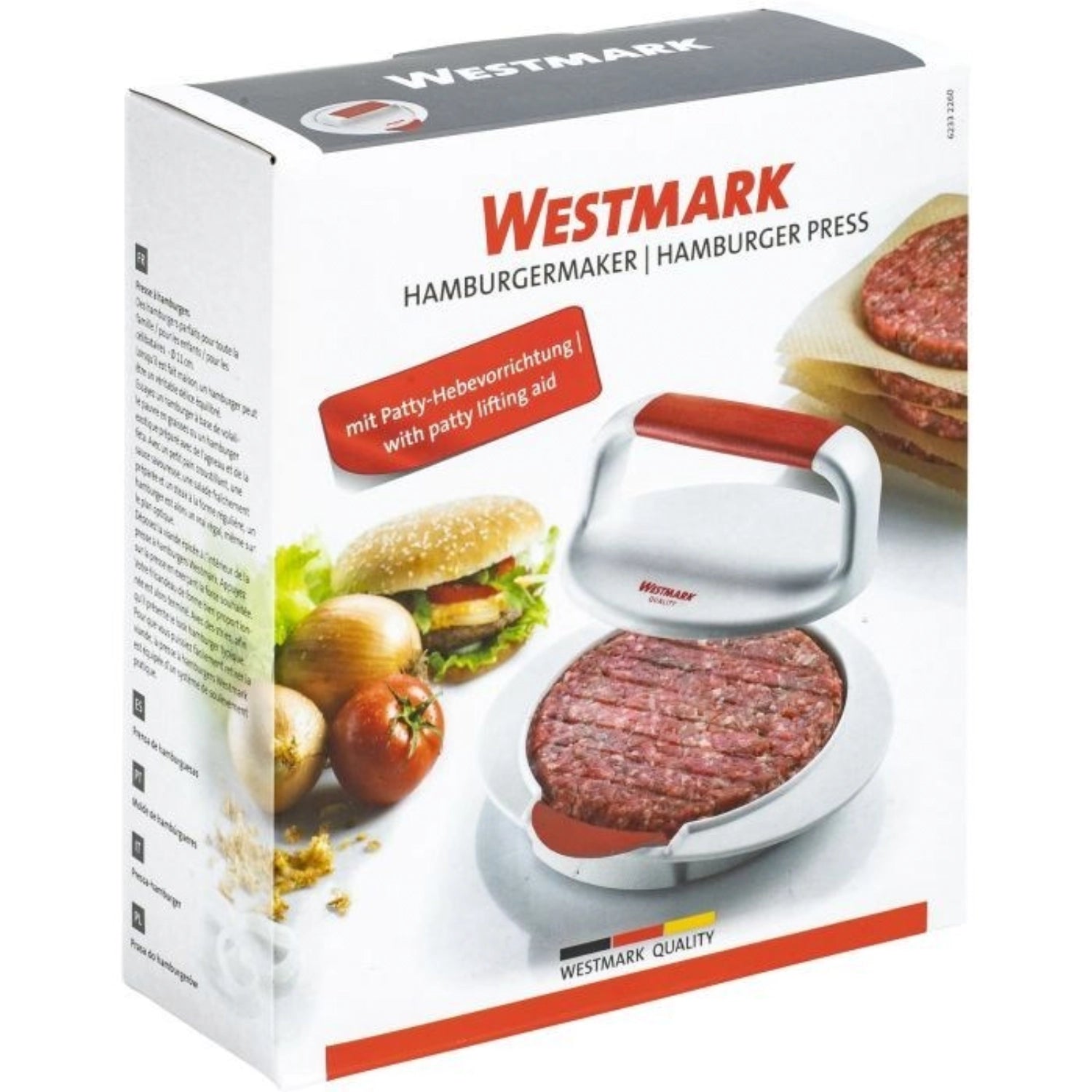 Praktischer Hamburgermaker von Westmark, ideal für die schnelle Zubereitung von perfekten Burger-Patties in der eigenen Küche, Maße: 15x16x6 cm.