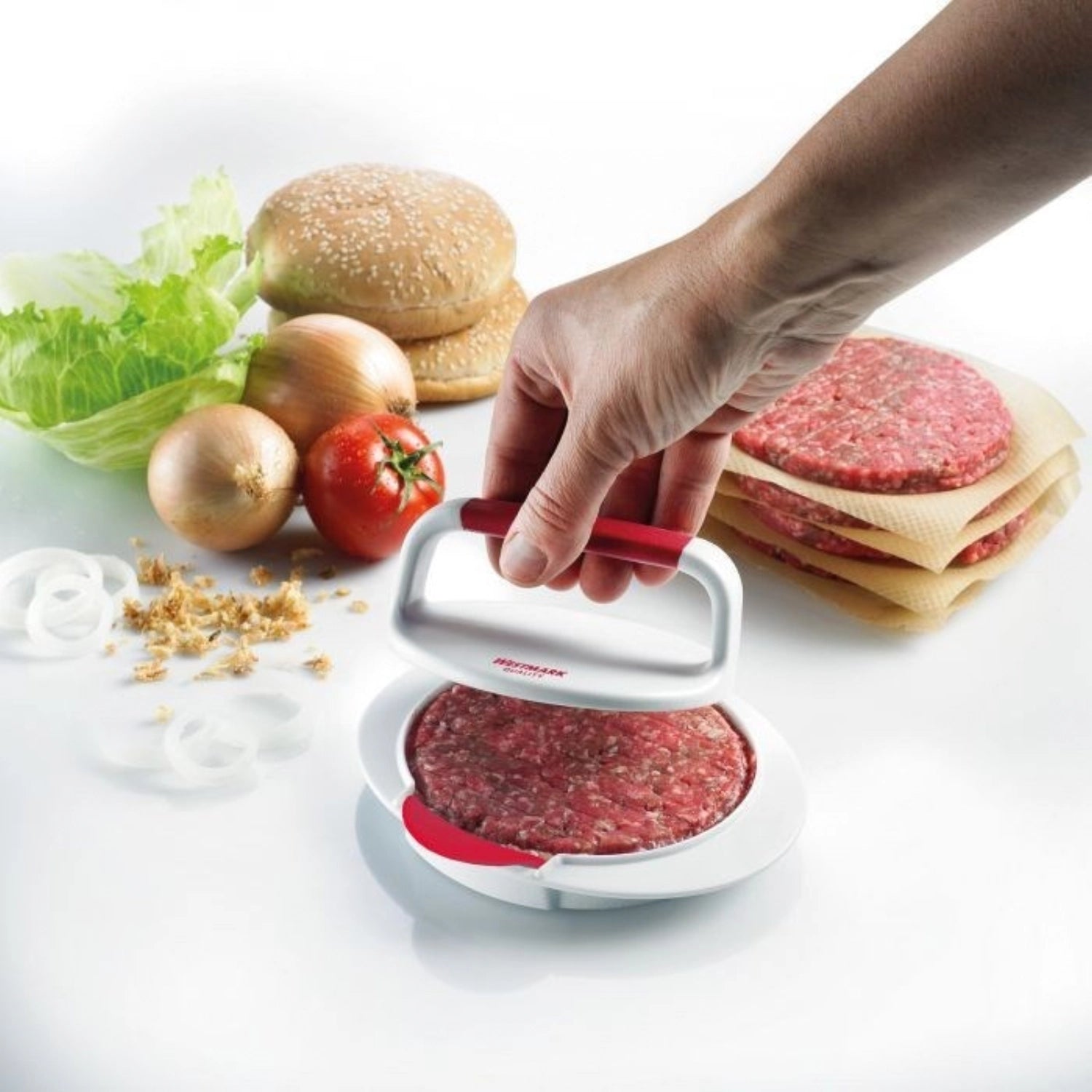 Praktischer Hamburgermaker von Westmark, 15x16x6 cm, ideal für die Zubereitung perfekter Burger-Patties in der heimischen Küche.