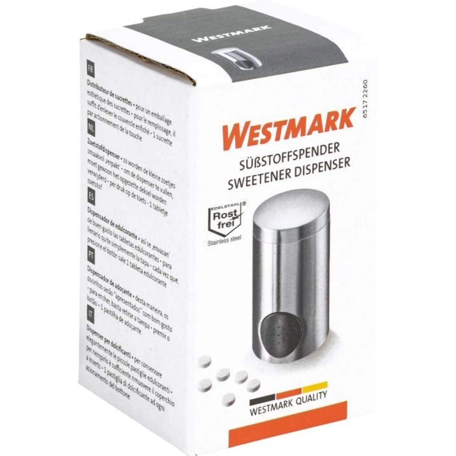 Eleganter Süssstoffspender aus Edelstahl, ideal für präzise Dosierung von Süßstoffen. Kompakt und stilvoll, passt perfekt in jede Küche.