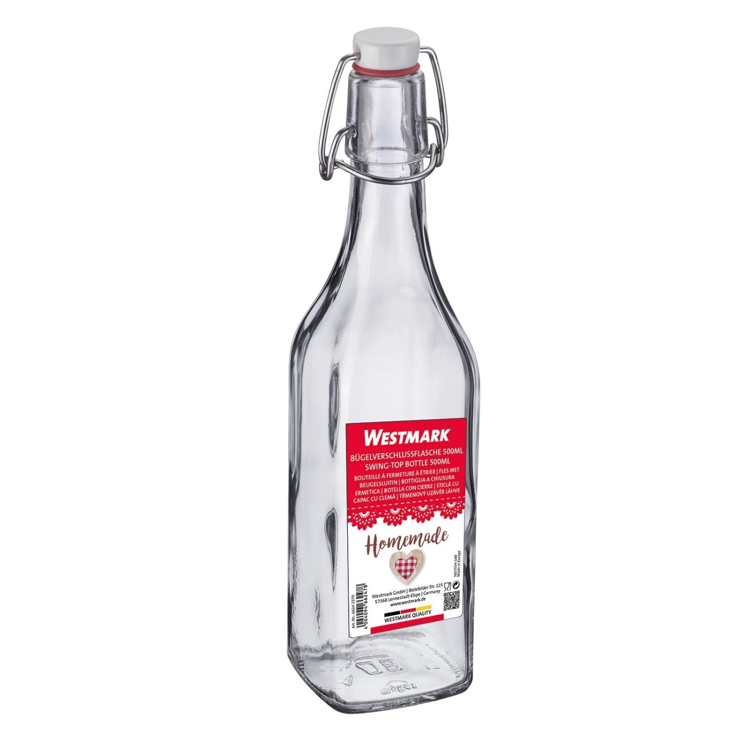 Stilvolle 500ml Bügelverschlussflasche von Westmark, perfekt für die Aufbewahrung von Getränken, ausgestattet mit einem dekorativen Anhänger.