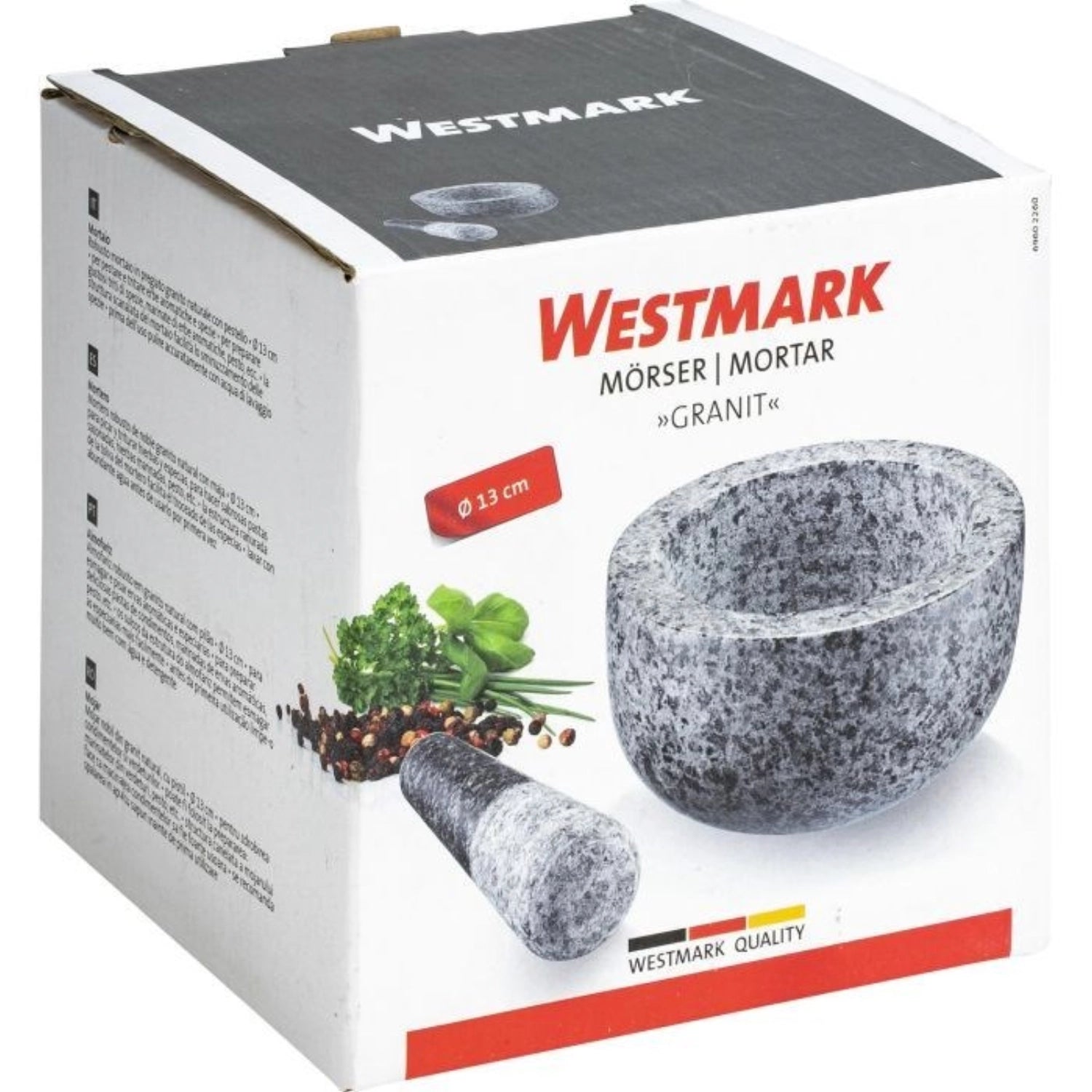 Robuster Mörser aus Granit von Westmark, ideal zum Zerkleinern von Kräutern und Gewürzen, mit einem Durchmesser von 13 cm und einer Höhe von 7 cm.