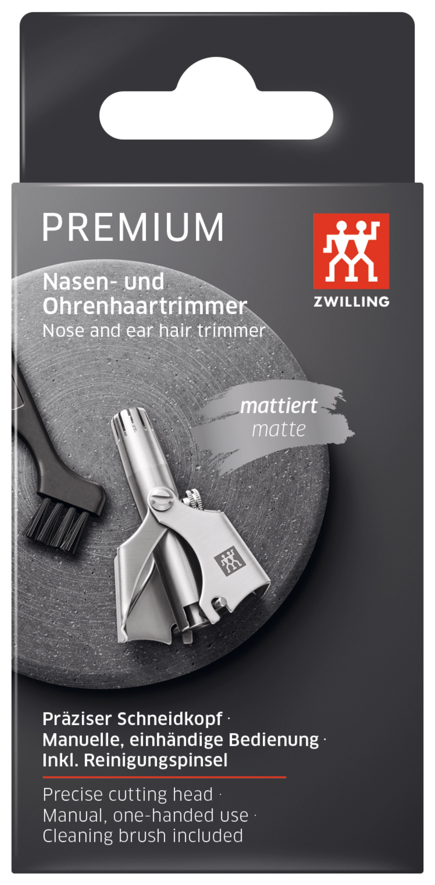 Eleganter Nasen- und Ohrhaartrimmer von Zwilling Beauty, mattes Finish für eine stilvolle und effektive Pflege im Alltag.