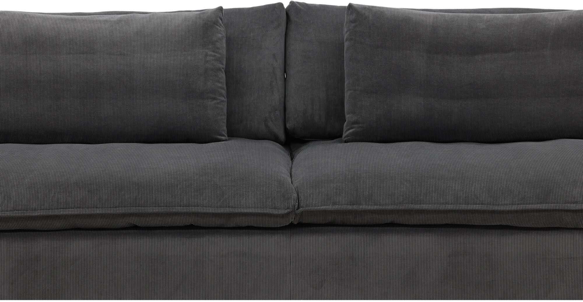Das Durham Sofa von Venture Home: Ein stilvolles 3er-Sofa im Retro-Look, gefertigt aus hochwertigem dunkelgrauem Manchester-Stoff.