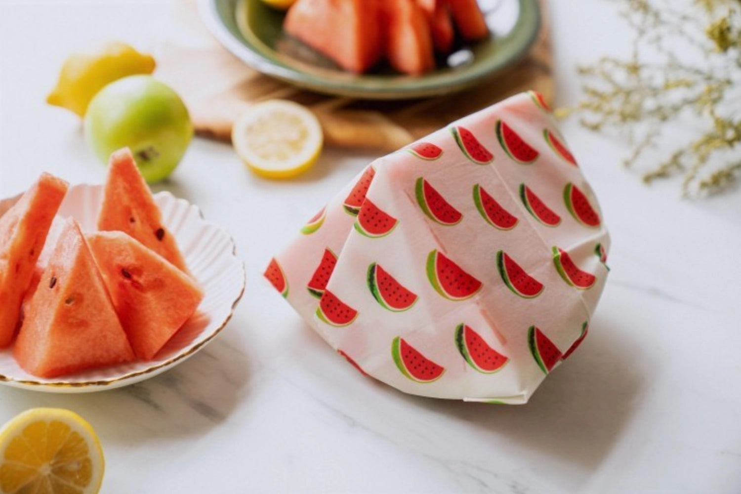 Bienenwachs Wraps in lebhaftem Wassermelonen-Design, 35x35cm, perfekt für nachhaltige Lebensmittelverpackung und Frischhaltung.