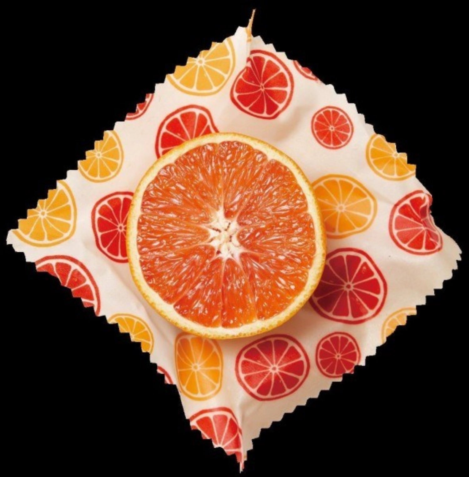 Zwei umweltfreundliche Bienenwachstücher im lebhaften Citrus-Design (16x16 cm) für nachhaltige Lebensmittelaufbewahrung und Frische.