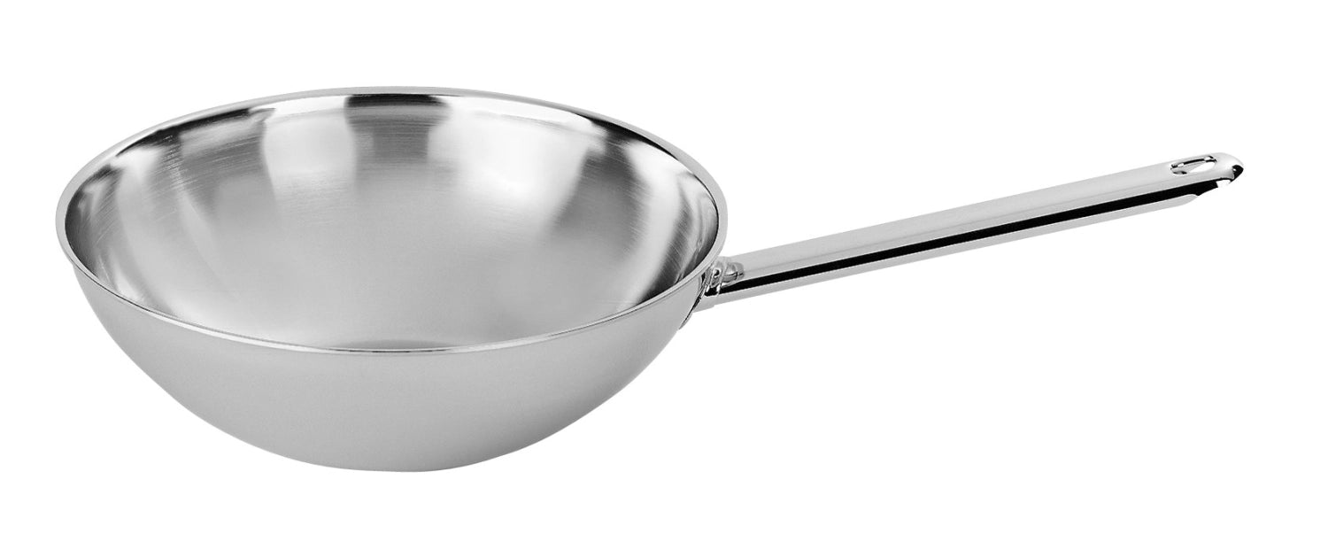 Hochwertiger Wok mit flachem Boden von Demeyere, ideal für gleichmäßiges Braten und Kochen, perfekt für asiatische Gerichte.