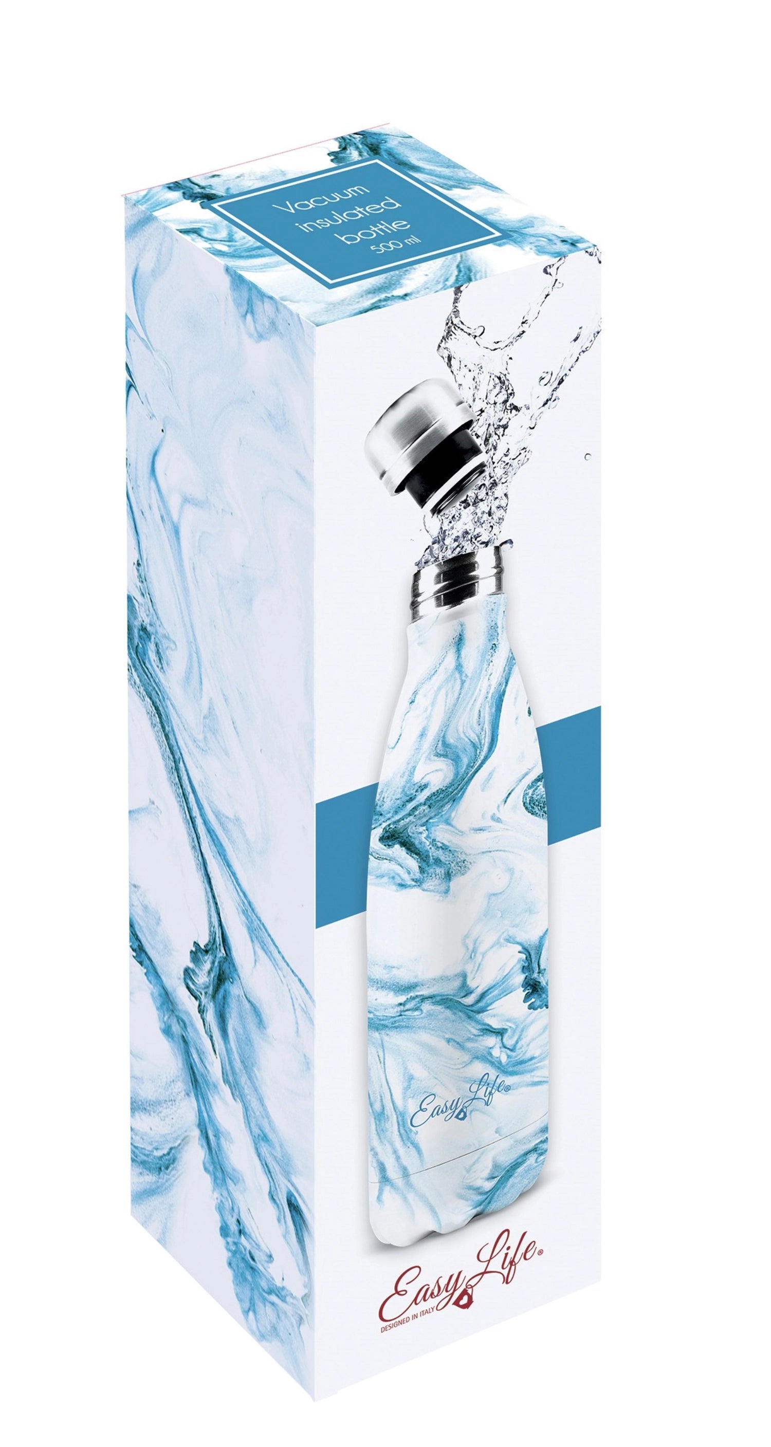 Stylische 500ml Isolierflasche Aqua von Easy Life, doppelwandig, hält Getränke lange warm oder kalt, ideal für Reisen und Outdoor-Aktivitäten.