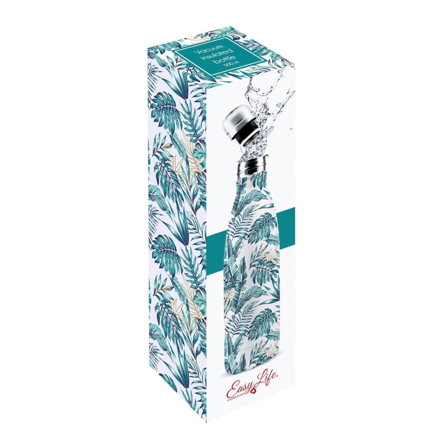 Stylische 500ml Isolierflasche im Dschungel-Look von Easy Life, perfekt für die Aufbewahrung von heißen und kalten Getränken.
