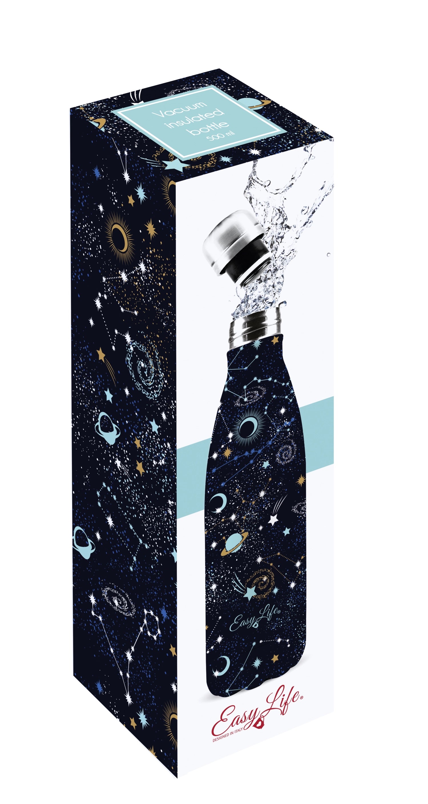 Isolierflasche mit doppelter Wand, 500ml, im Sternentor-Design von Easy Life. Ideal für heiße und kalte Getränke, stilvoll und funktional.