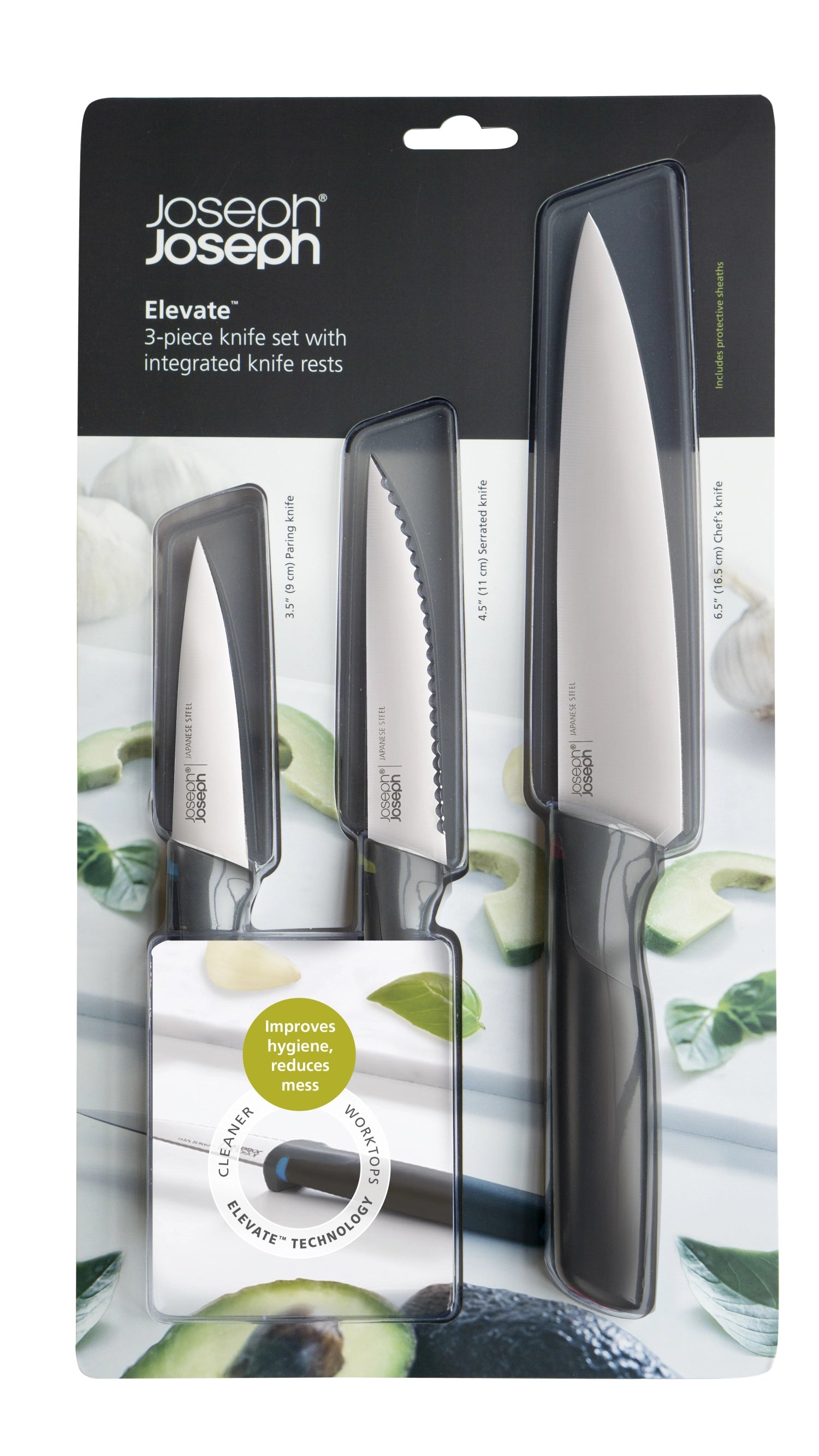 Elegantes 3-teiliges Küchenmesser-Set von Joseph Joseph, ideal für präzises Schneiden, mit ergonomischen Griffen und stilvollem Design.