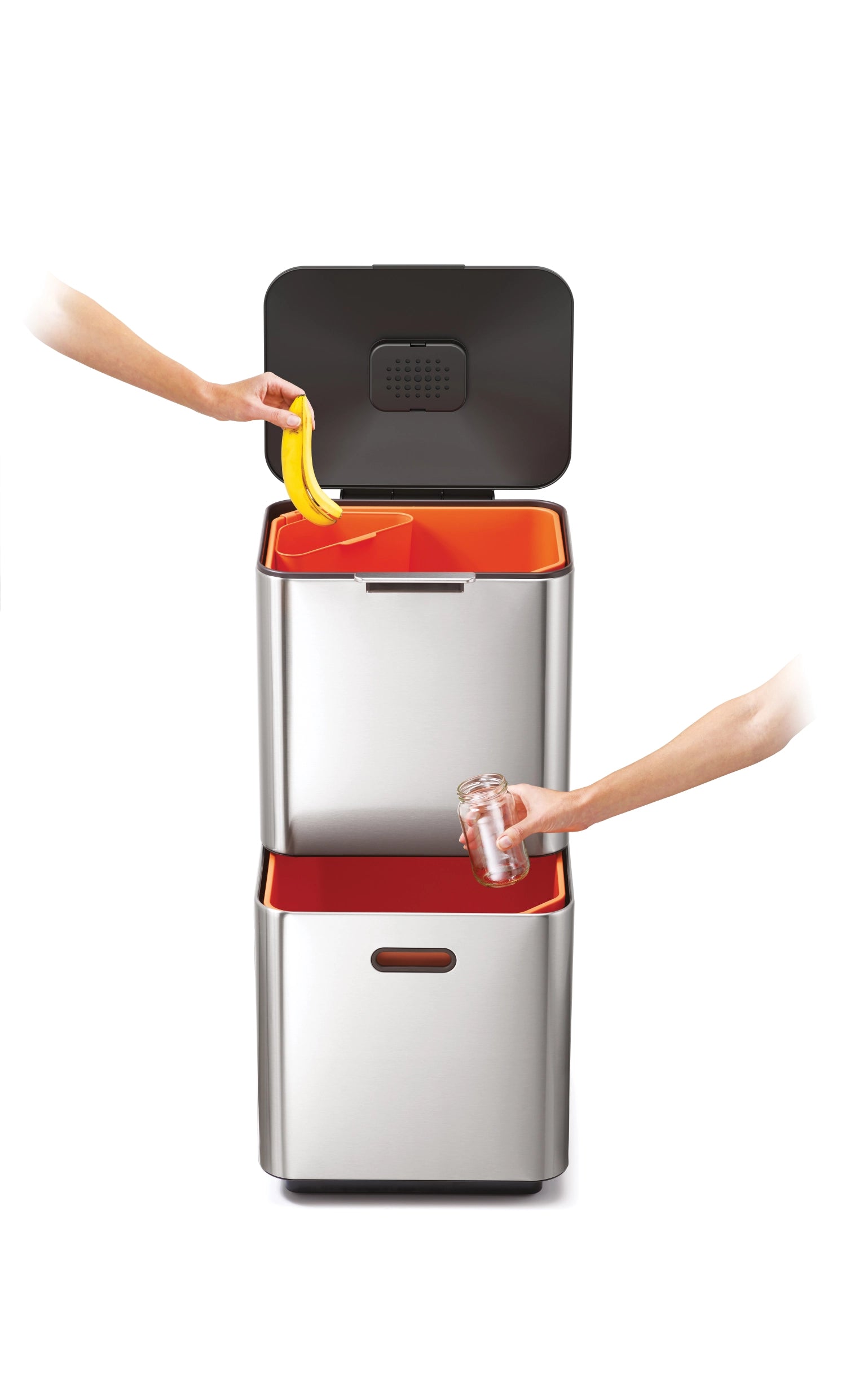 Eleganter Joseph Joseph Totem Max 60L Mülleimer aus Edelstahl, perfekt für moderne Haushalte und umweltbewusste Mülltrennung.