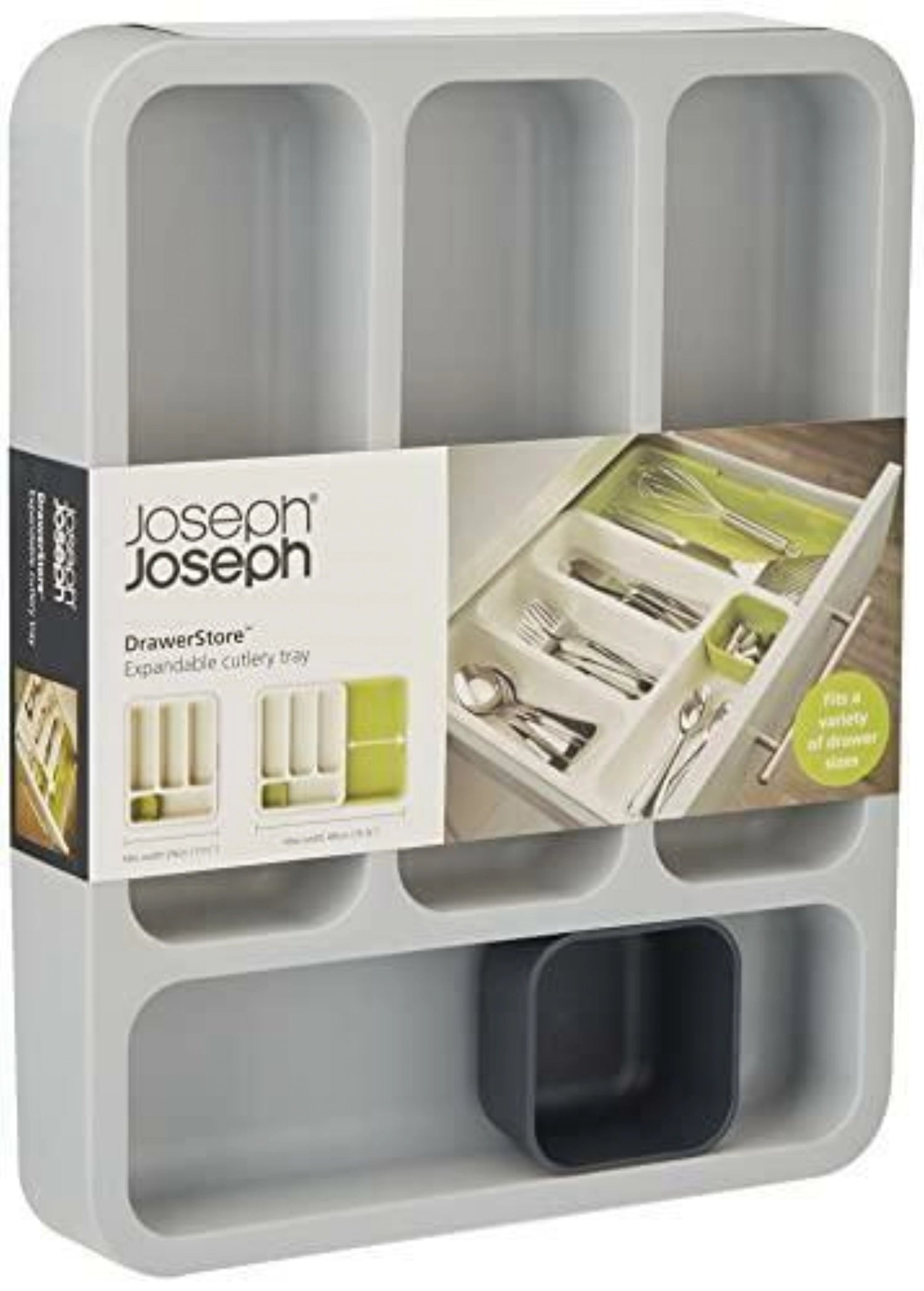 Praktischer Besteckbehälter DrawerStore in modernem Grau von Joseph Joseph, ideal für eine übersichtliche und platzsparende Küchenschublade.