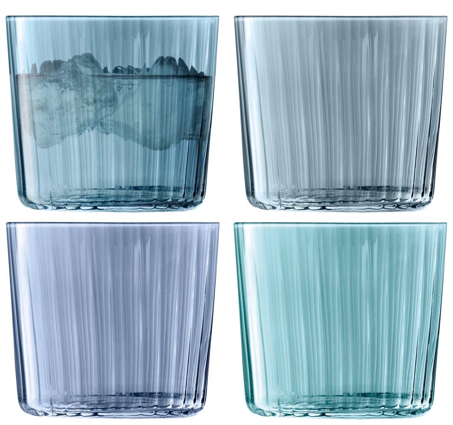 Elegantes 4er Set Gems Becher von LSA, 310ml, in verschiedenen Saphir-Farben, perfekt für stilvolles Trinken und besondere Anlässe.