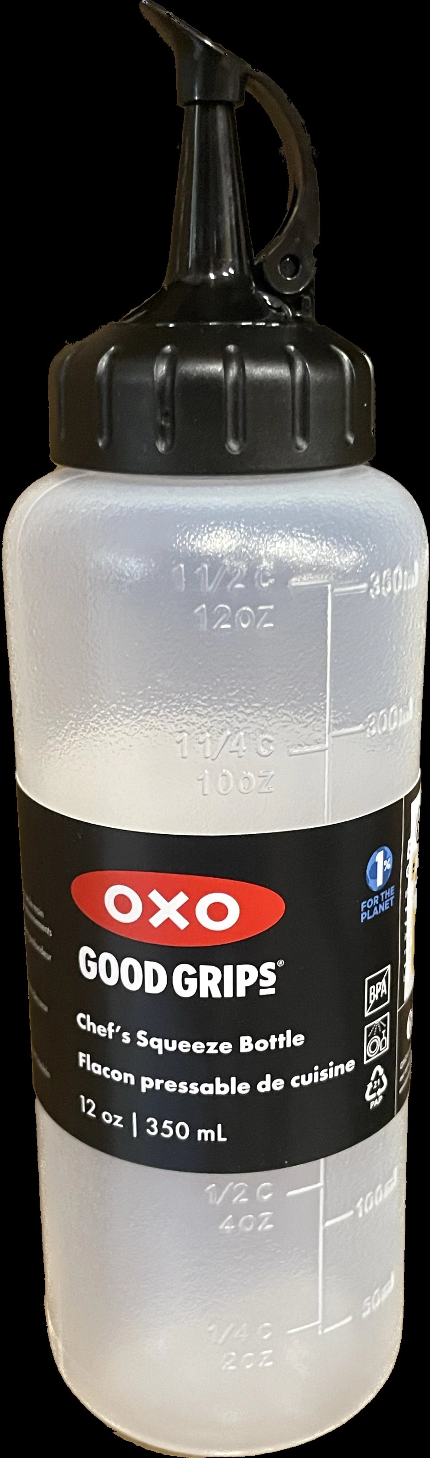 Praktische OXO Dispenserflasche mit 350 ml, ideal für präzises Dosieren von Saucen und Ölen beim Kochen und Servieren.