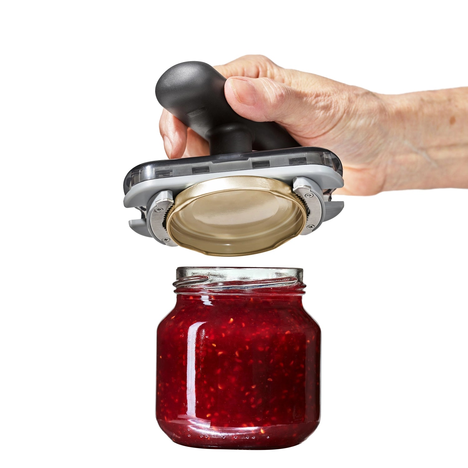 Der OXO Good Grips Glasöffner mit rutschfester Matte ermöglicht ein einfaches Öffnen von Gläsern, ideal für alle, die Schwierigkeiten mit fest sitzenden Deckeln haben.