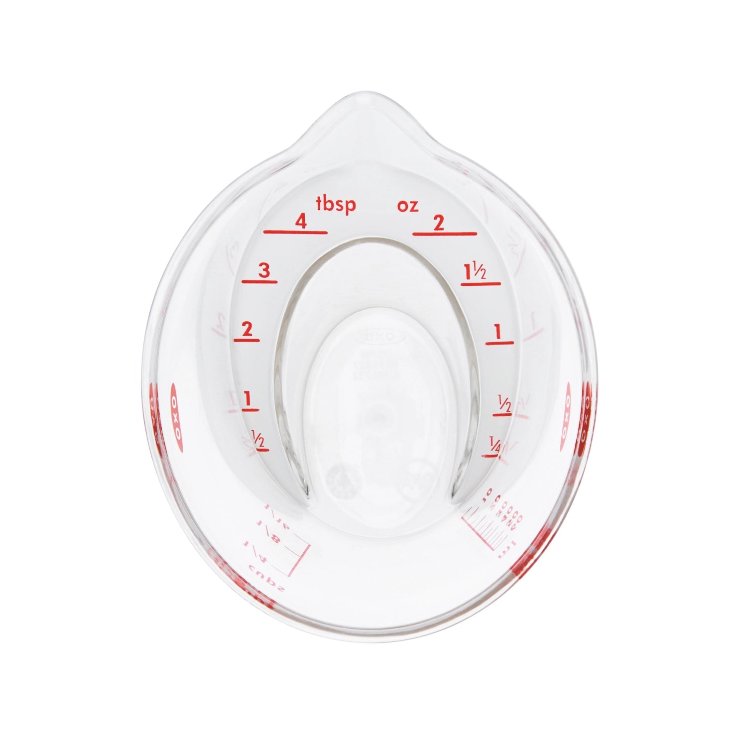 Kompakter, schräg gestalteter Messbecher von OXO mit 60 ml Volumen, ideal für präzises Messen von Flüssigkeiten und Zutaten in der Küche.