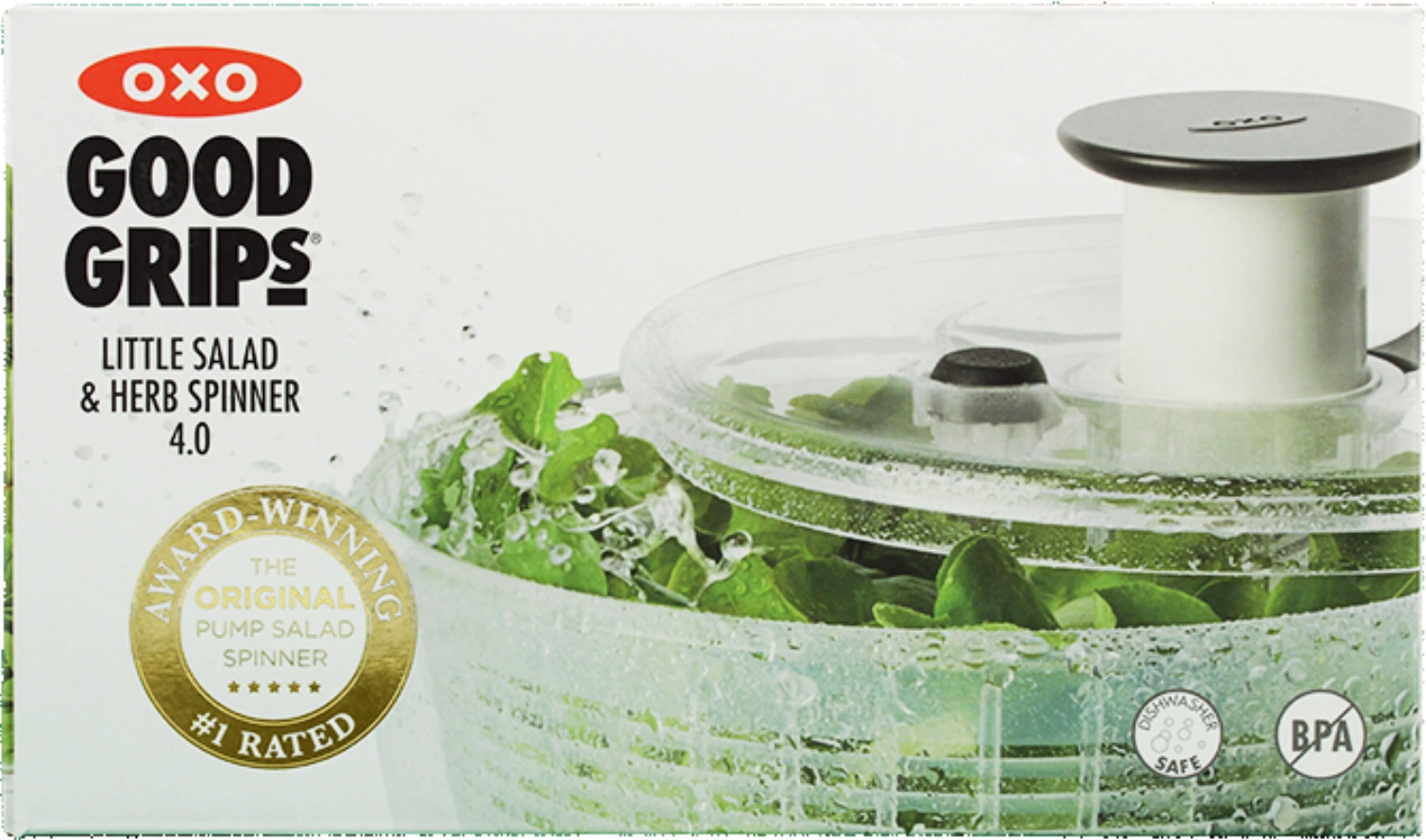 Kleine, runde Salatschleuder von OXO mit 2,7 l, ideal für die schnelle Zubereitung von frischen Salaten und Gemüse, transparentes Design.