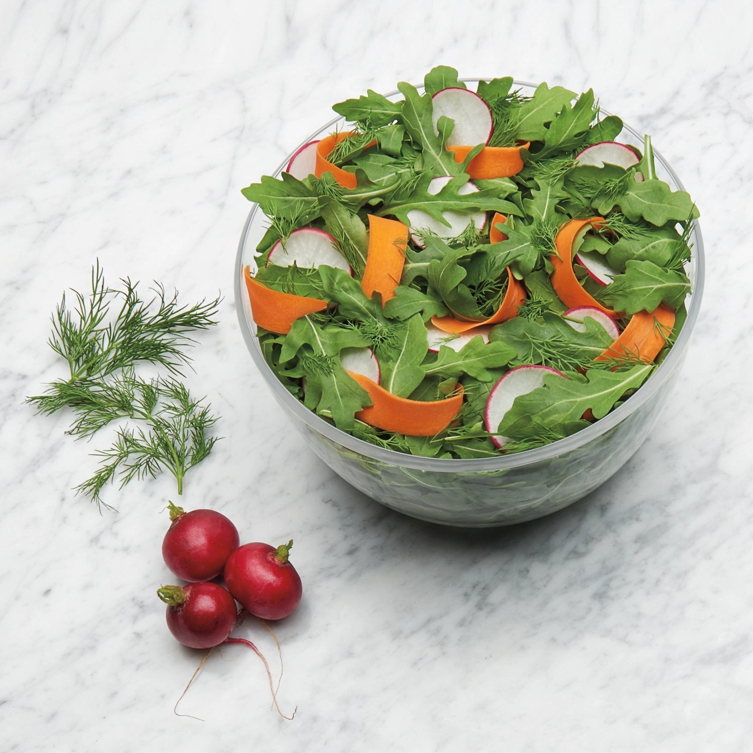 Kleine, runde Salatschleuder von OXO mit 2,7 l Fassungsvermögen, ideal für knackige Salate und Gemüse, platzsparend und benutzerfreundlich.