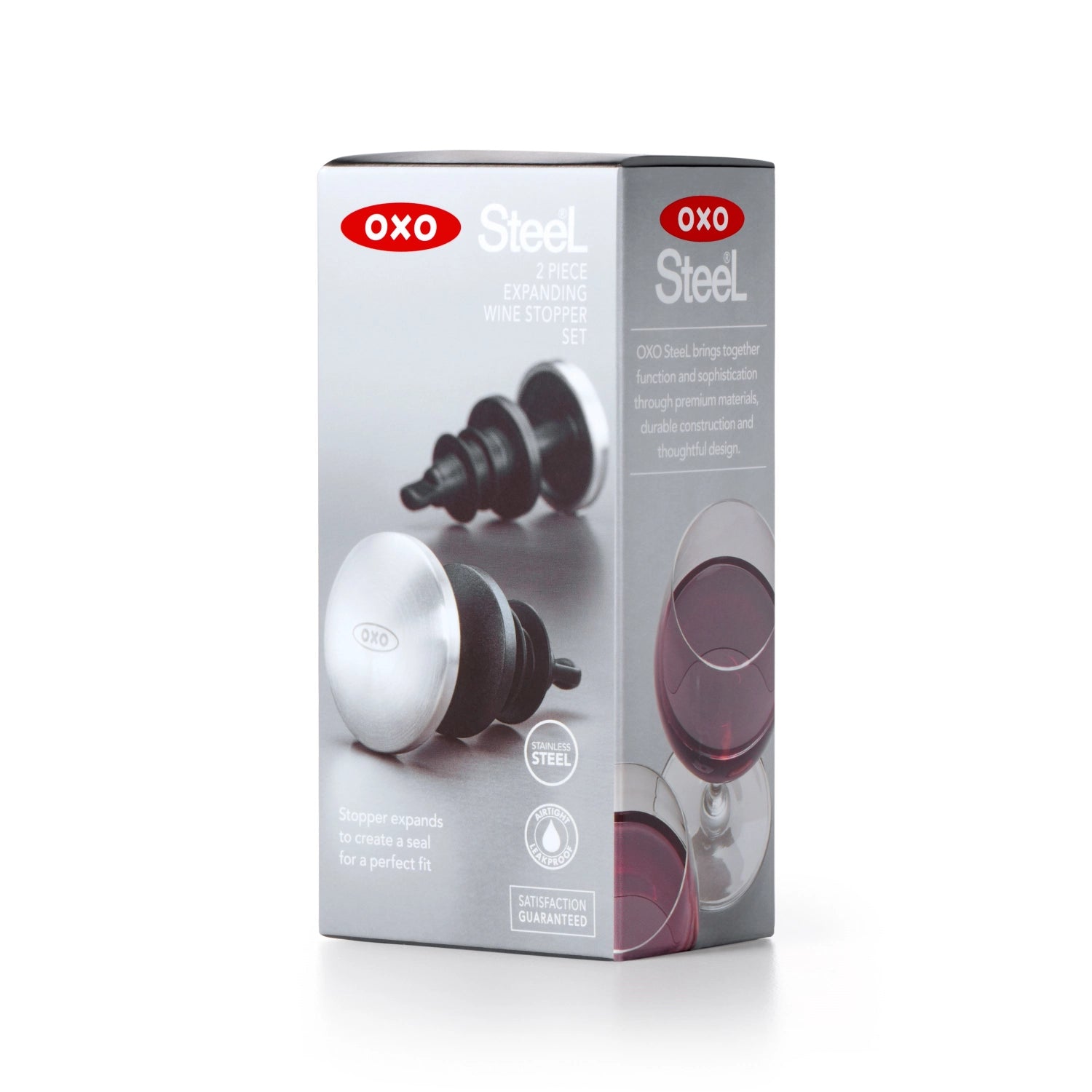 Zwei elegante Weinflaschenverschlüsse aus robustem Edelstahl von OXO, ideal für die frische Lagerung von Wein und den perfekten Genuss.