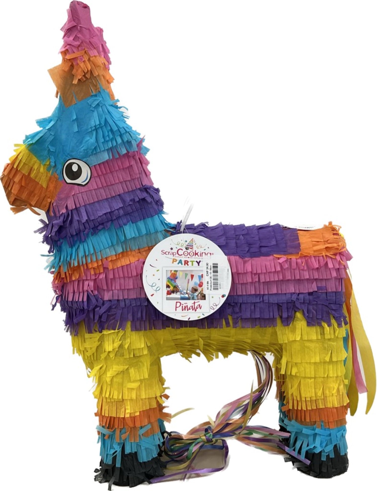 Bunte Piñata mit fröhlichem Design, ideal für Kindergeburtstage und Feiern, Maße: 36x16x58 cm, von Scrap Cooking.