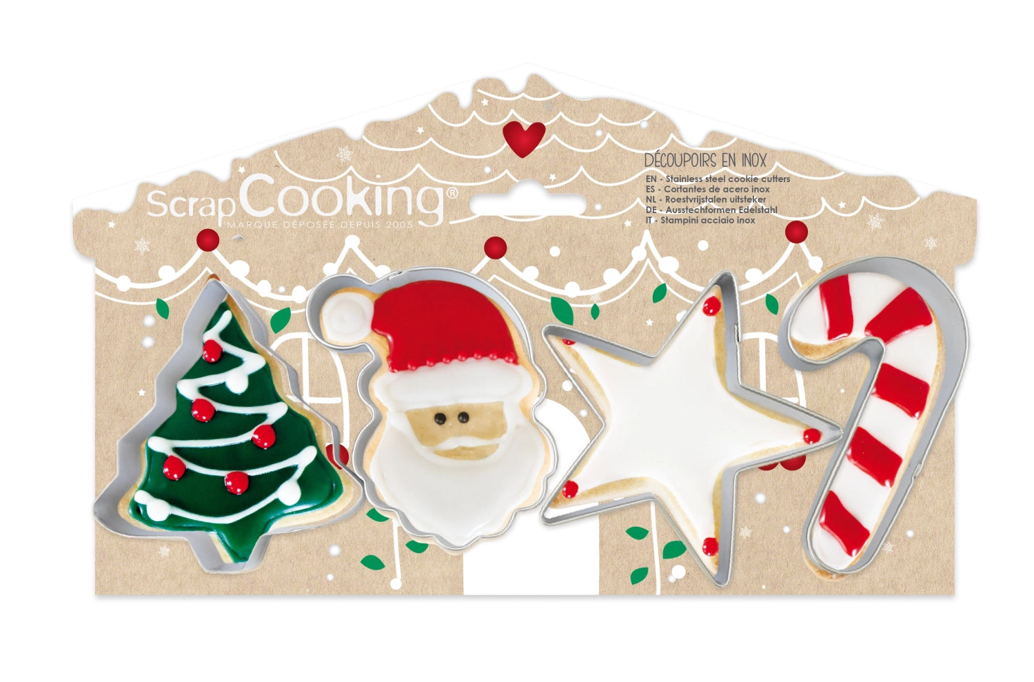 Festliches 4er Set aus Edelstahl-Ausstechern von Scrap Cooking, perfekt zum Ausstechen von Weihnachtsplätzchen und für kreative Backideen.