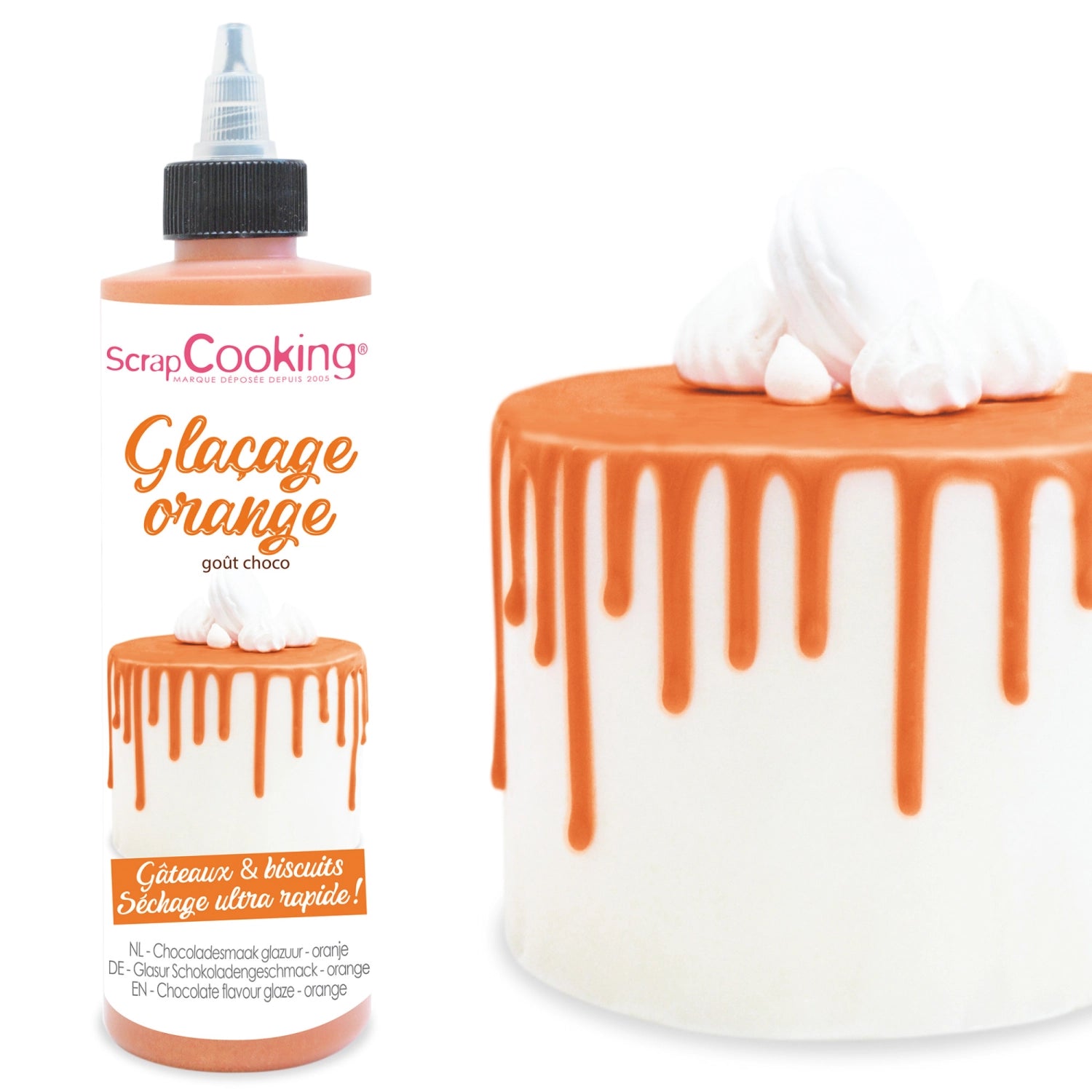 Leuchtende orangefarbene Schokoladenglasur für Drip Cakes, 130g, perfekt für kreative Tortengestaltung und süße Highlights.