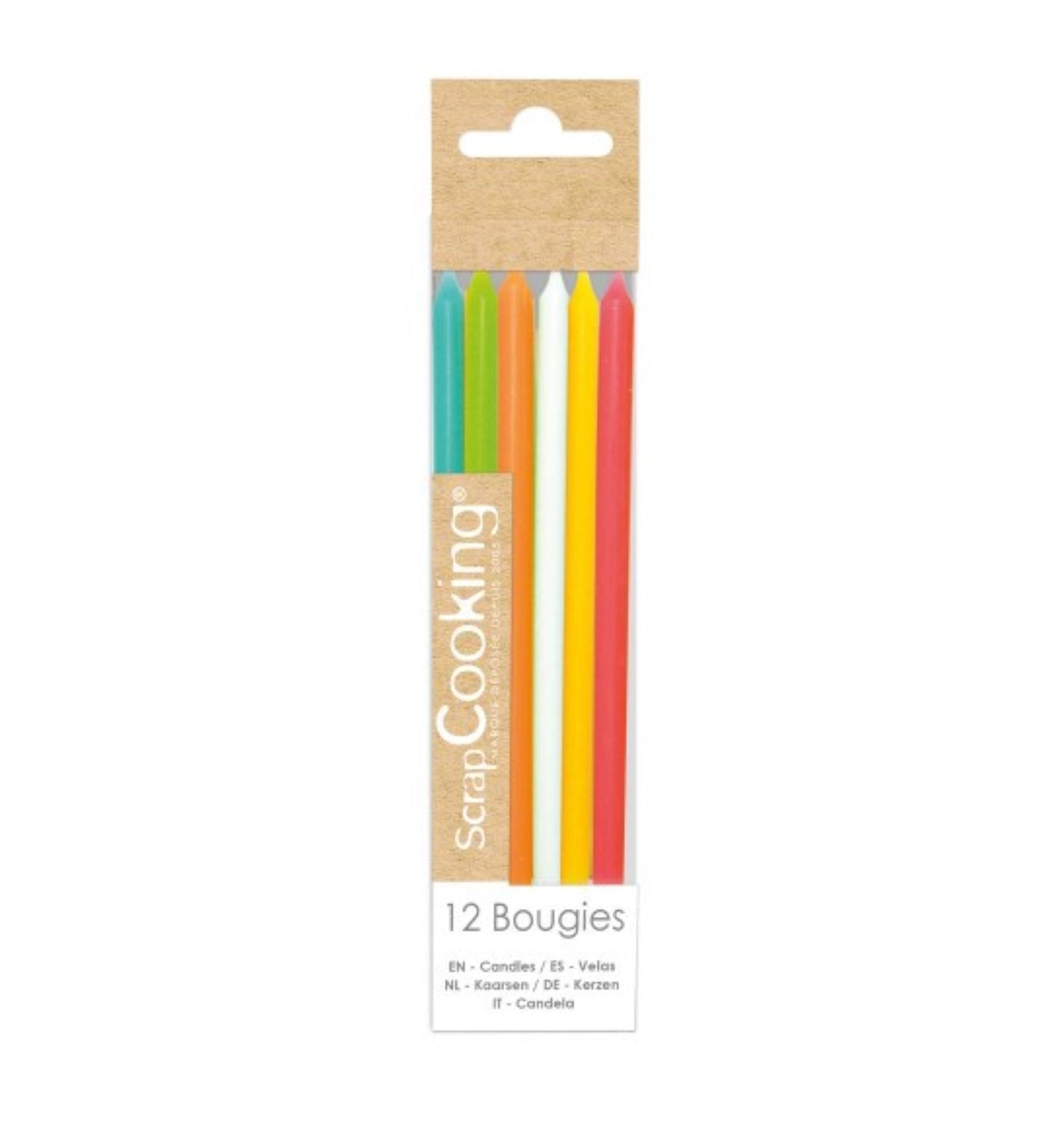 Vielseitiges 12er Set farbiger langer Kerzen (12 cm) von Scrap Cooking, ideal für stimmungsvolle Dekorationen und besondere Feierlichkeiten.