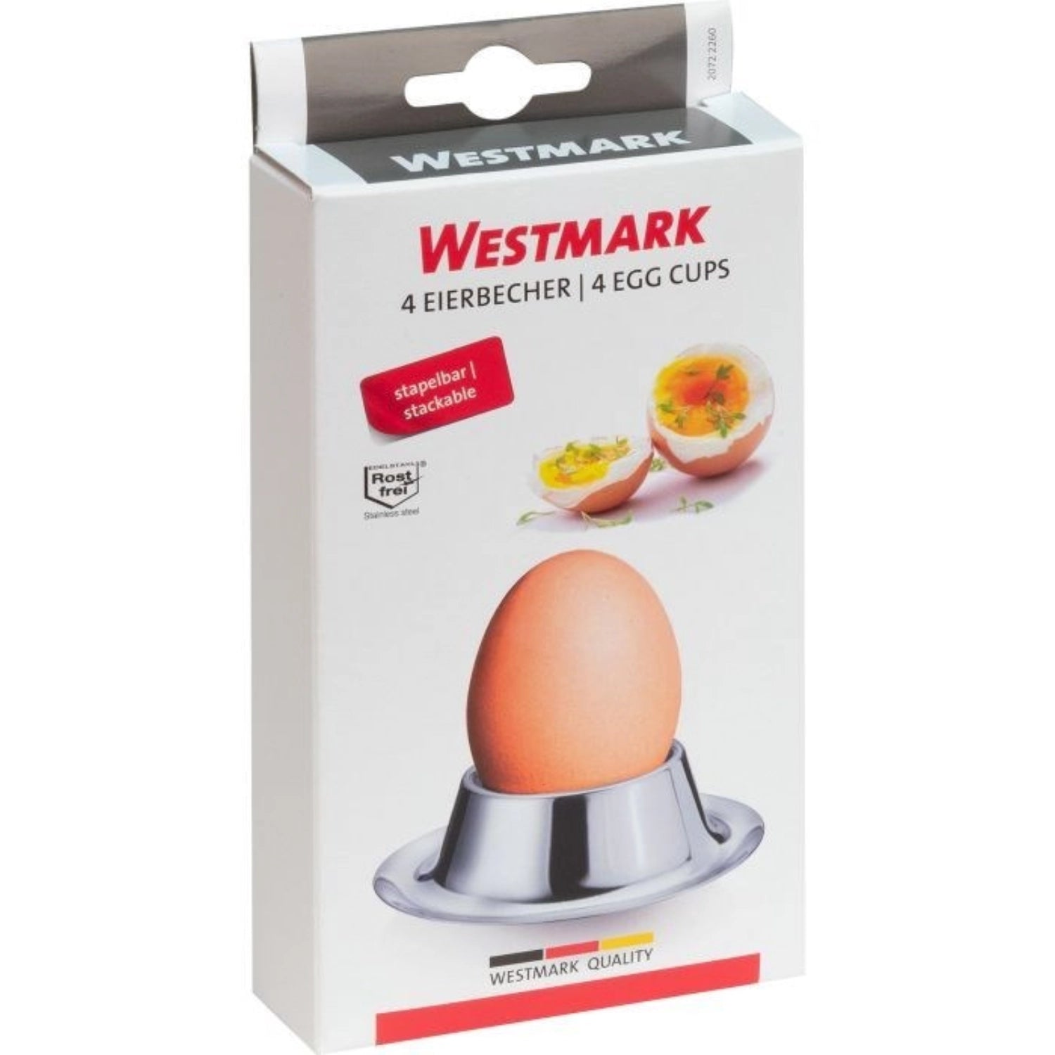 Set aus 4 stilvollen, runden Eierbechern aus robustem Edelstahl von Westmark, perfekt für ein schickes Frühstück und ansprechende Tischdekoration.