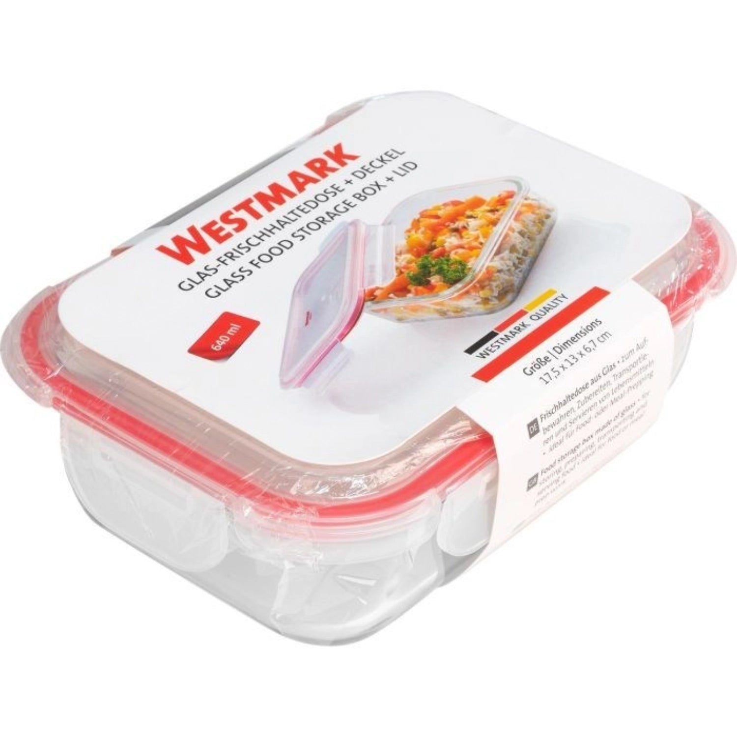 Praktische 640ml Glas-Frischhaltedose von Westmark, perfekt für die umweltfreundliche Lagerung von Lebensmitteln und zur Minimierung von Plastikverbrauch.