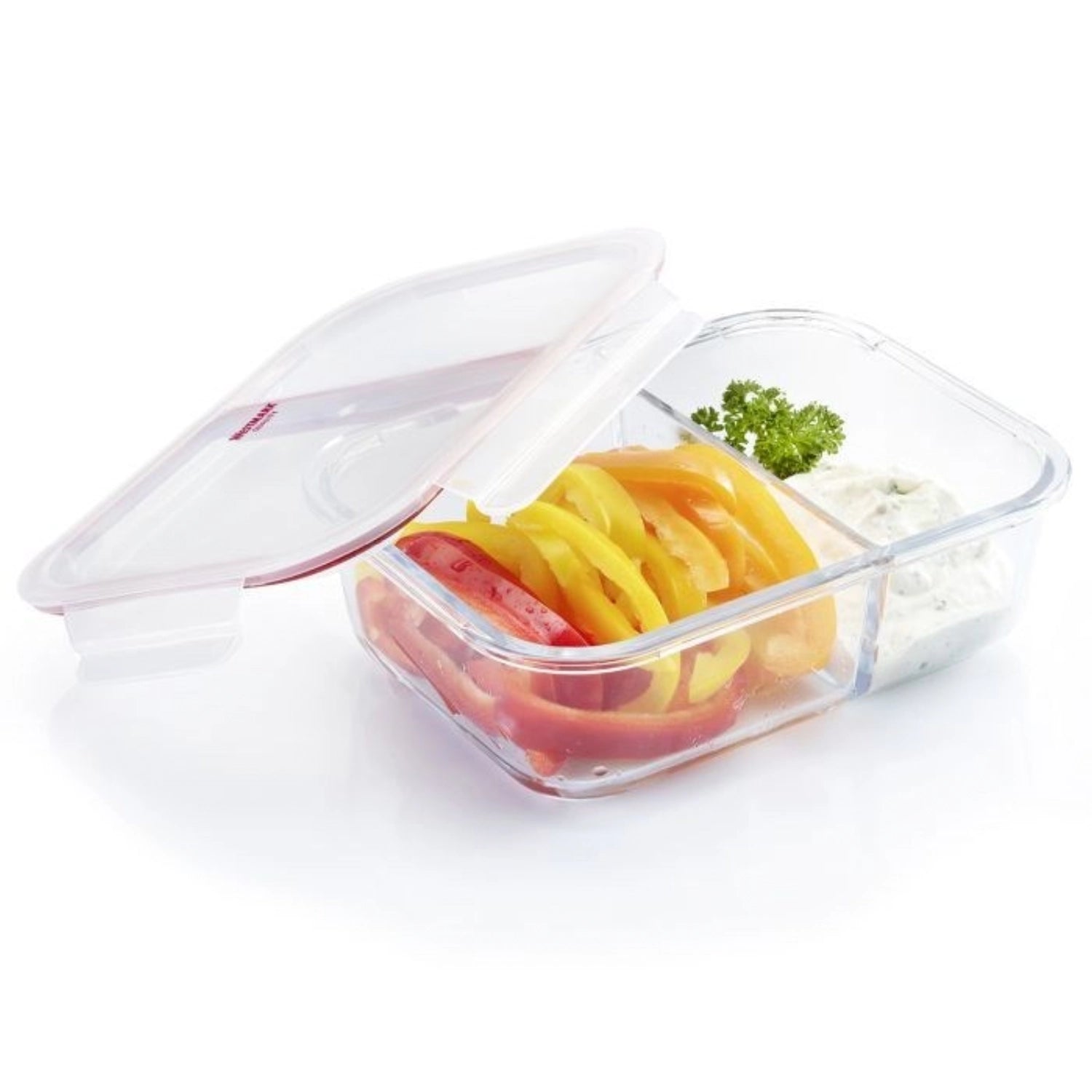 Praktische Glas-Frischhaltedose von Westmark mit 980ml, ideal für die getrennte Aufbewahrung von Lebensmitteln in zwei Fächern.