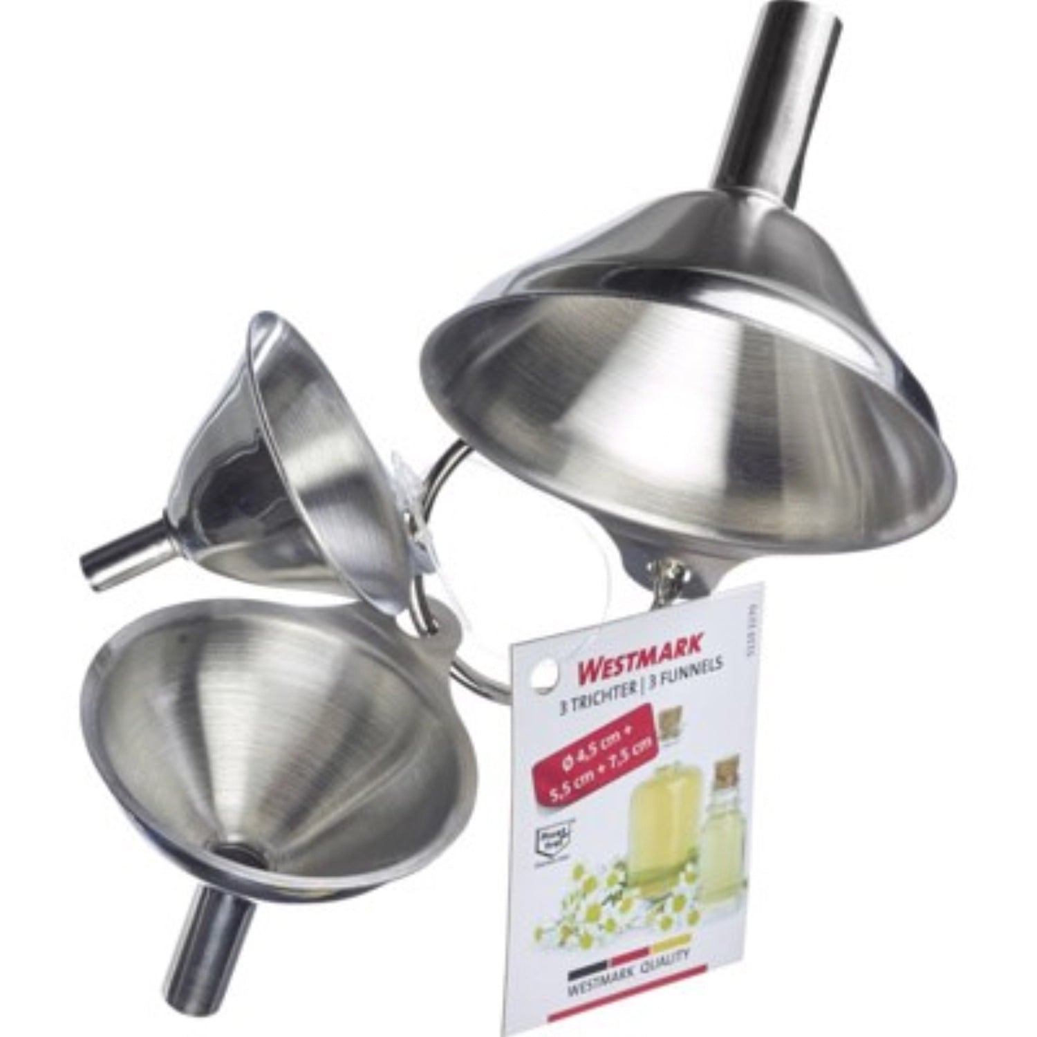 Hochwertiges 3-teiliges Trichter-Set aus Edelstahl von Westmark, perfekt für das einfache und saubere Abfüllen in drei unterschiedlichen Durchmessern.