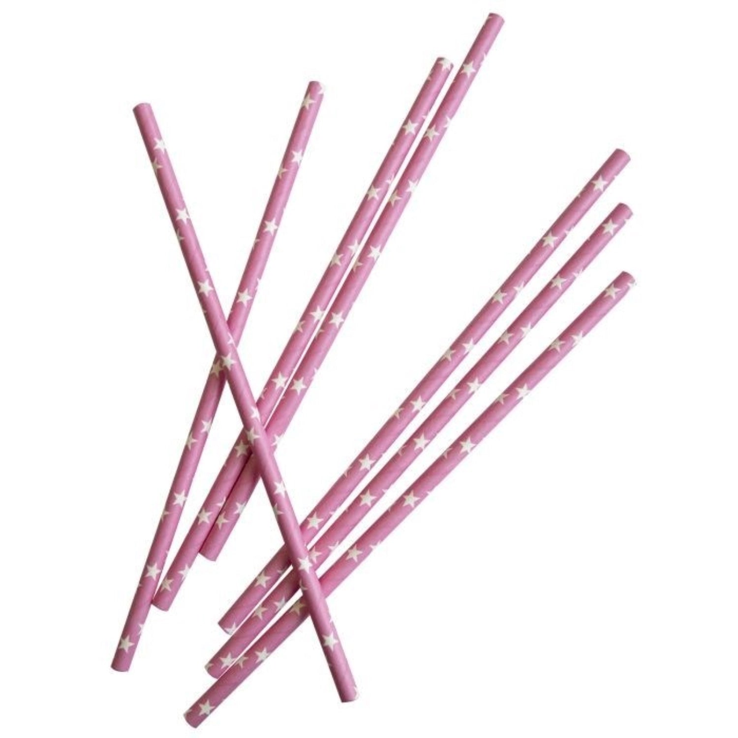 Set aus 50 umweltfreundlichen Papier-Trinkhalmen in Rosa mit weißen Sternen, 19,7 cm lang, perfekt für festliche Anlässe und Getränke.