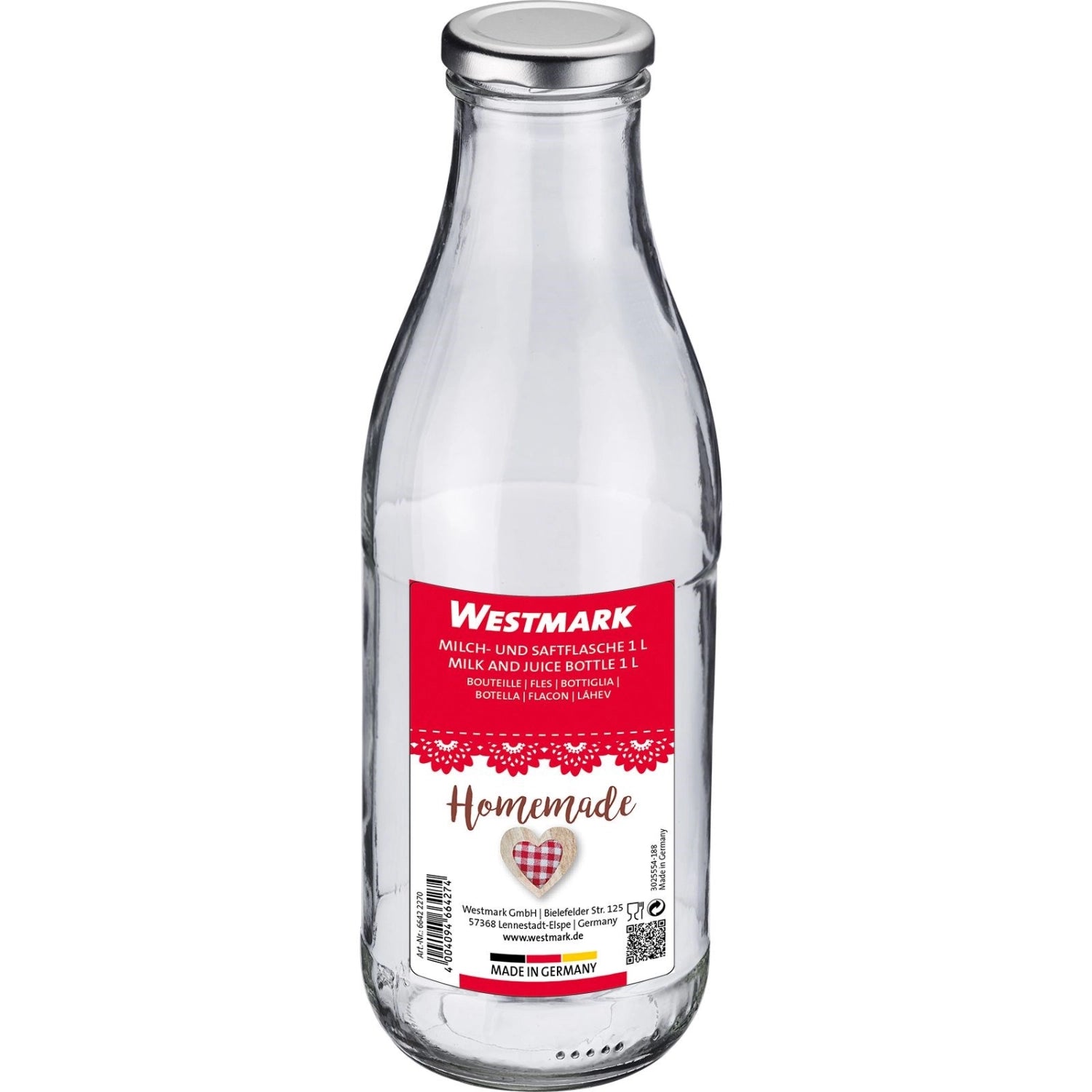 Runde 1 L Flasche von Westmark, perfekt für die Aufbewahrung von Milch und Saft. Funktional und elegant für den täglichen Gebrauch.