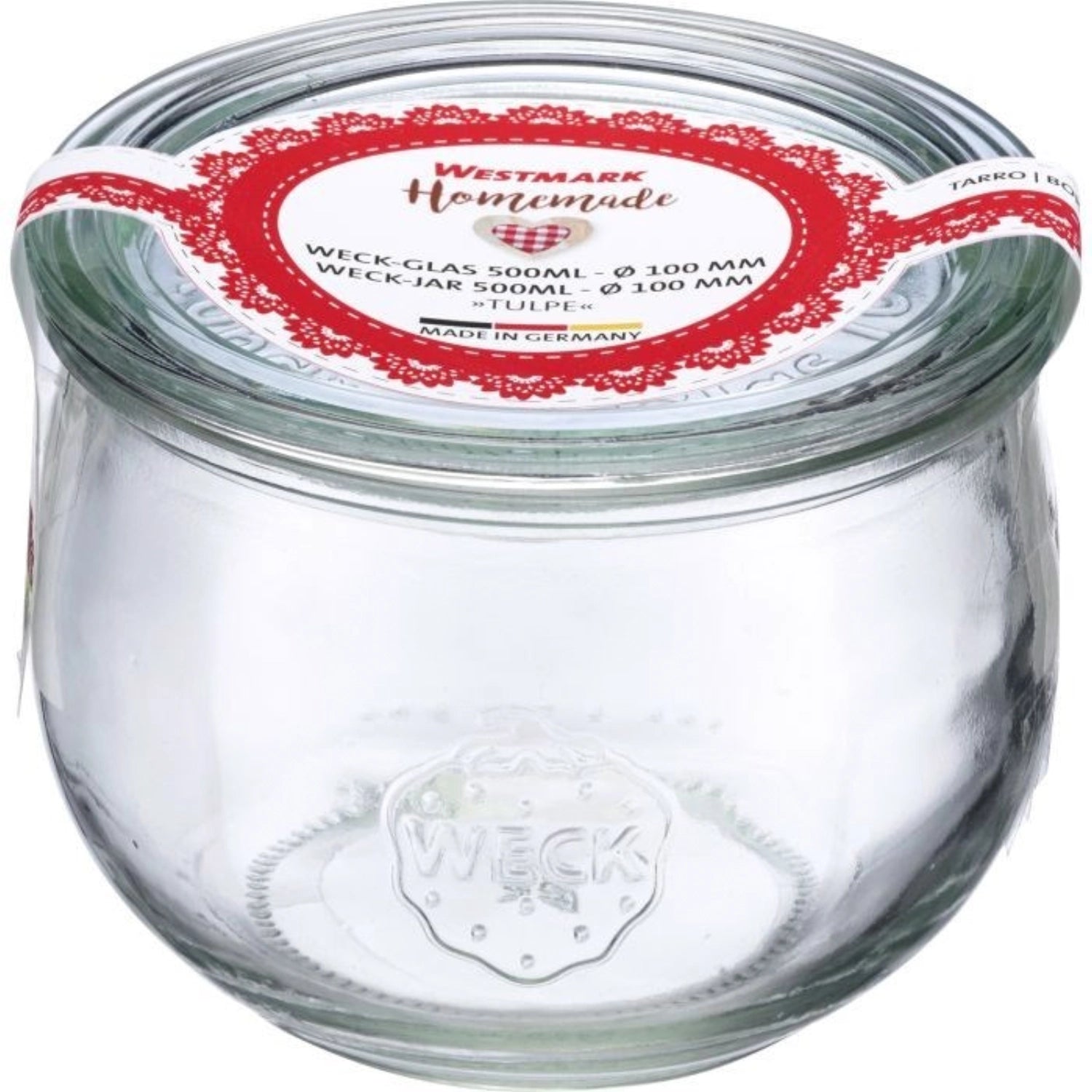 Elegantes Weck Glas Tulpe mit 500ml Fassungsvermögen und 100mm Durchmesser, ideal für die kreative Lagerung und Präsentation von Lebensmitteln.