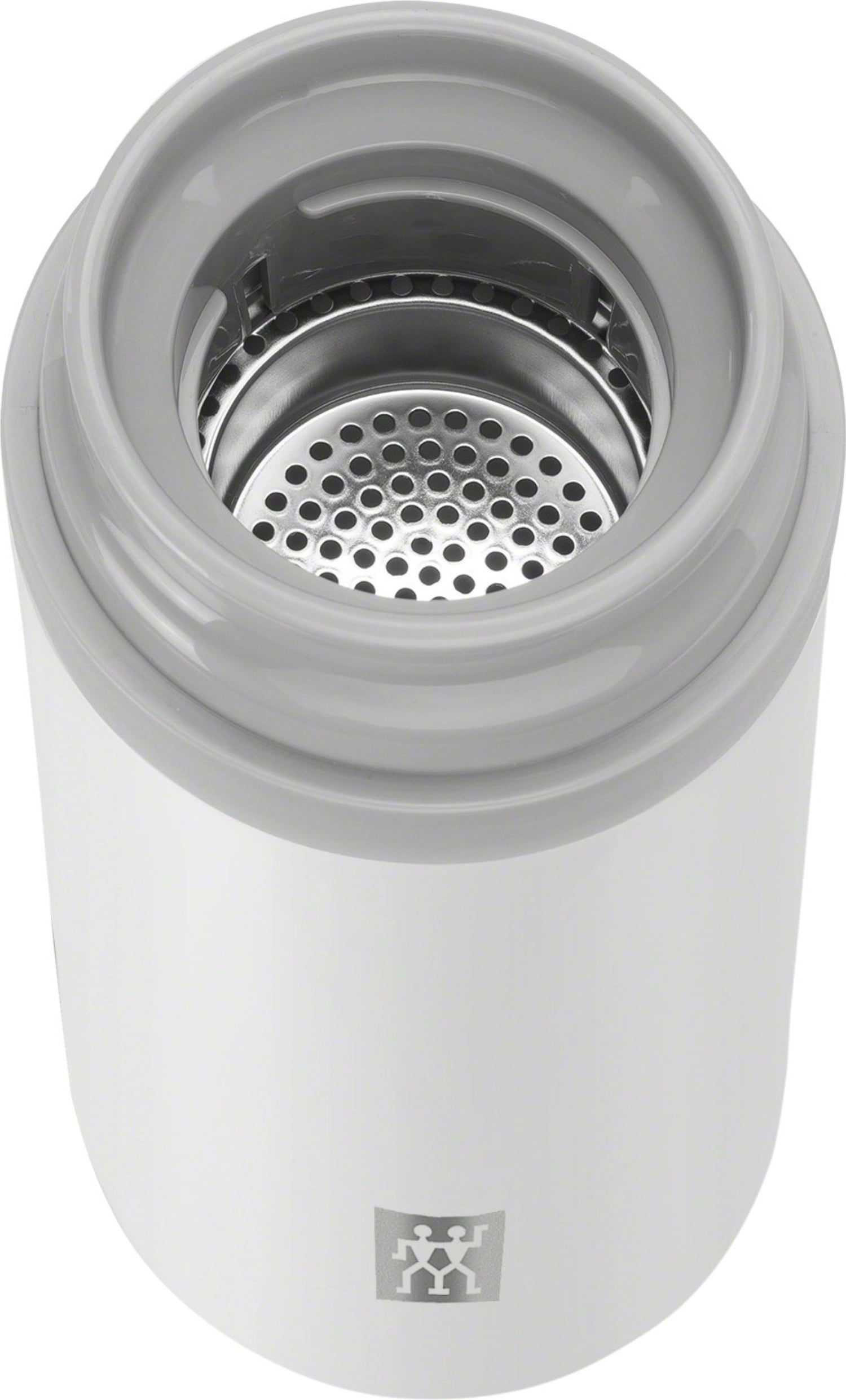Stylische Infuser-Flasche in Silber-Weiß, 420 ml, ideal für aromatische Tees und frische Fruchtgetränke für unterwegs.